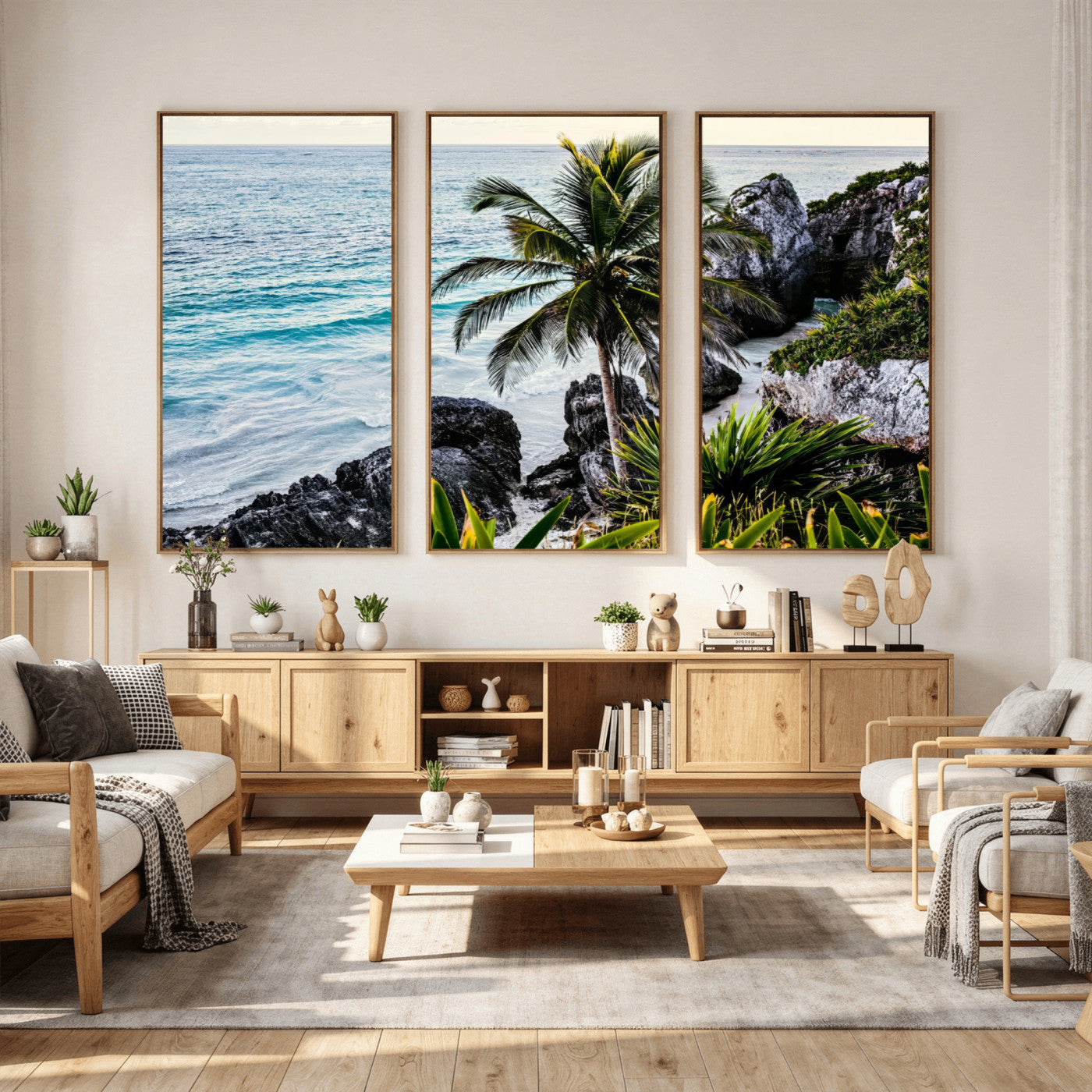 94669907-MGV-CV-36X24 - Tropical Palm Wall Art – Coastal Rocks Canvas Print, Ocean Breeze, Sandy Shore, Vibrant Green Foliage for Living Room or Beach House Decor