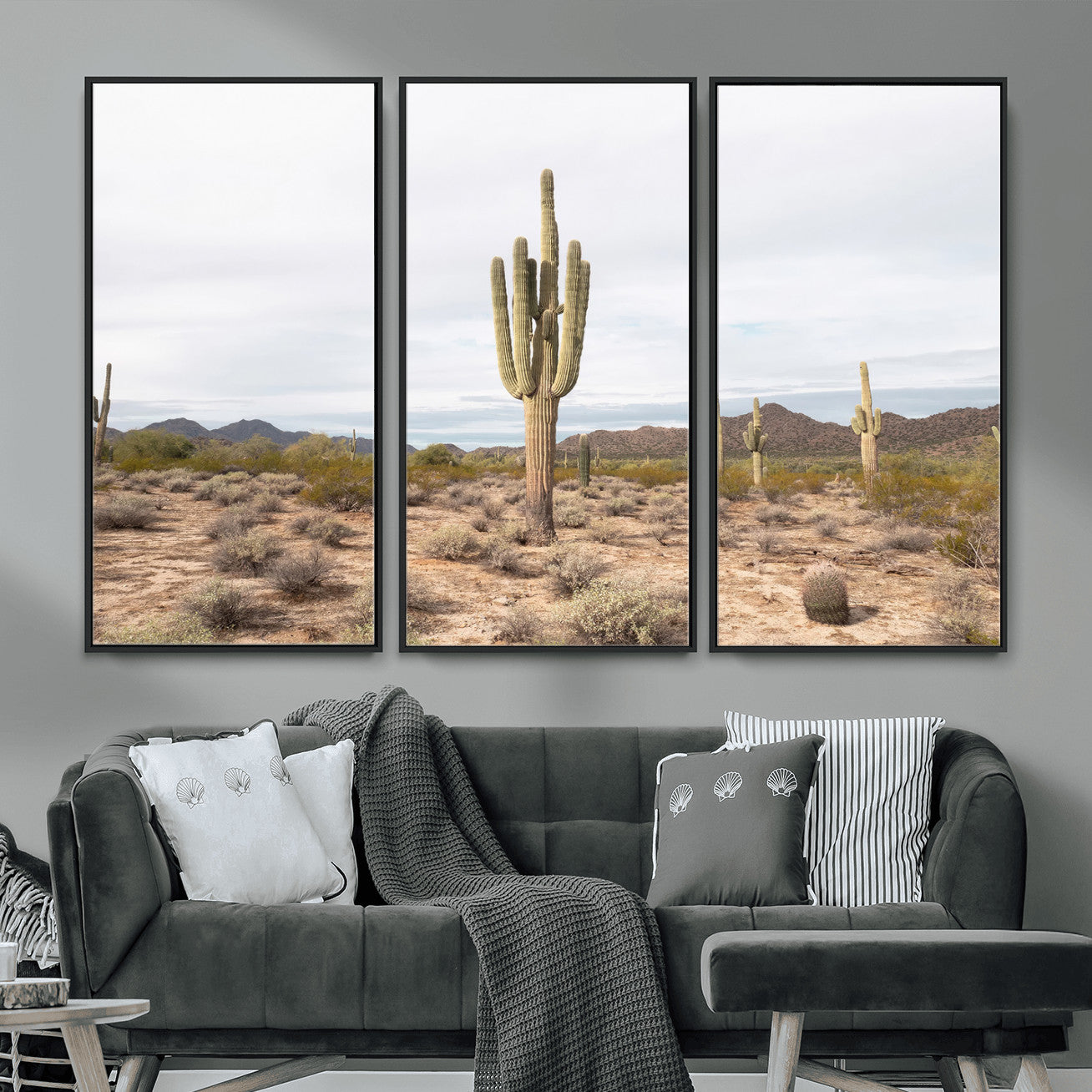 MGV-FC-48X32-3P - Saguaro Cactus Wall Art Canvas Print, Framed Desert Cactus Art Picture Print, Earthy Desert Perfect Southwestern Boho Decor Artwork