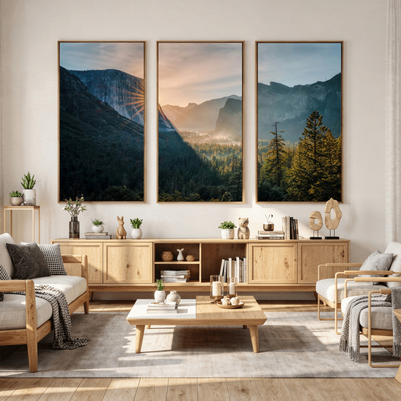 51605481-MGV-CV-36X24 - Yosemite Valley Wall Art – Misty Forest Peaks Canvas Print, Radiant Light, Tranquil Nature Landscape for Living Room or Cabin Decor