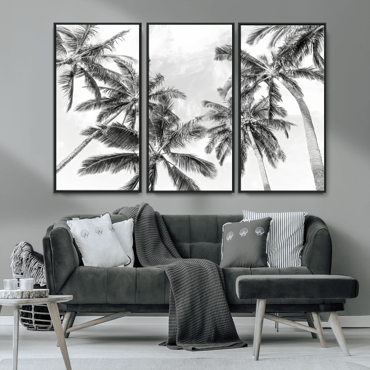 MGV-FC-48X32-3P - Black White Palm Wall Art Canvas Print, Framed Monochrome Tropics Art Picture Print, Minimalist Beach Perfect Coastal Minimalist Decor Artwork