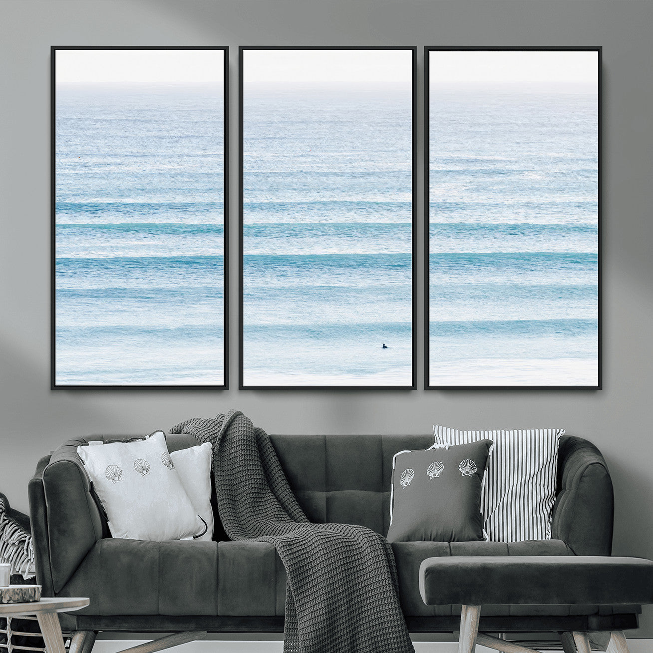77145995-MGV-CV-36X24-Ocean Wave Surfer Wall Art – Framed Minimal Seascape Canvas Artwork, Calm Blue Water Design, Coastal Decor for Home, Office