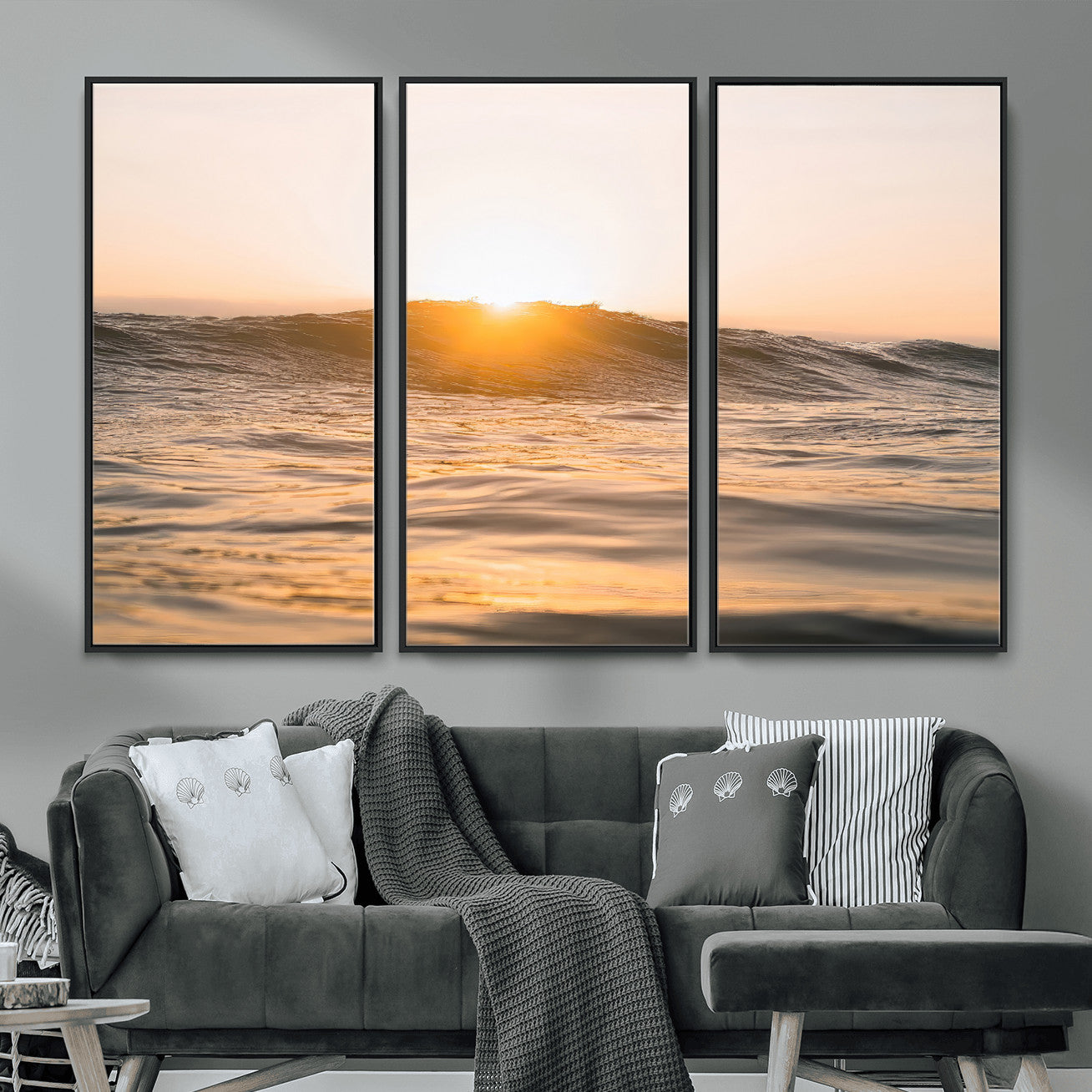 16973771-MGV-CV-36X24-Calm Water Wall Art – Framed Sunset Waves Canvas Artwork, Coastal Warm Design, Minimal Ocean Decor for Home, Office