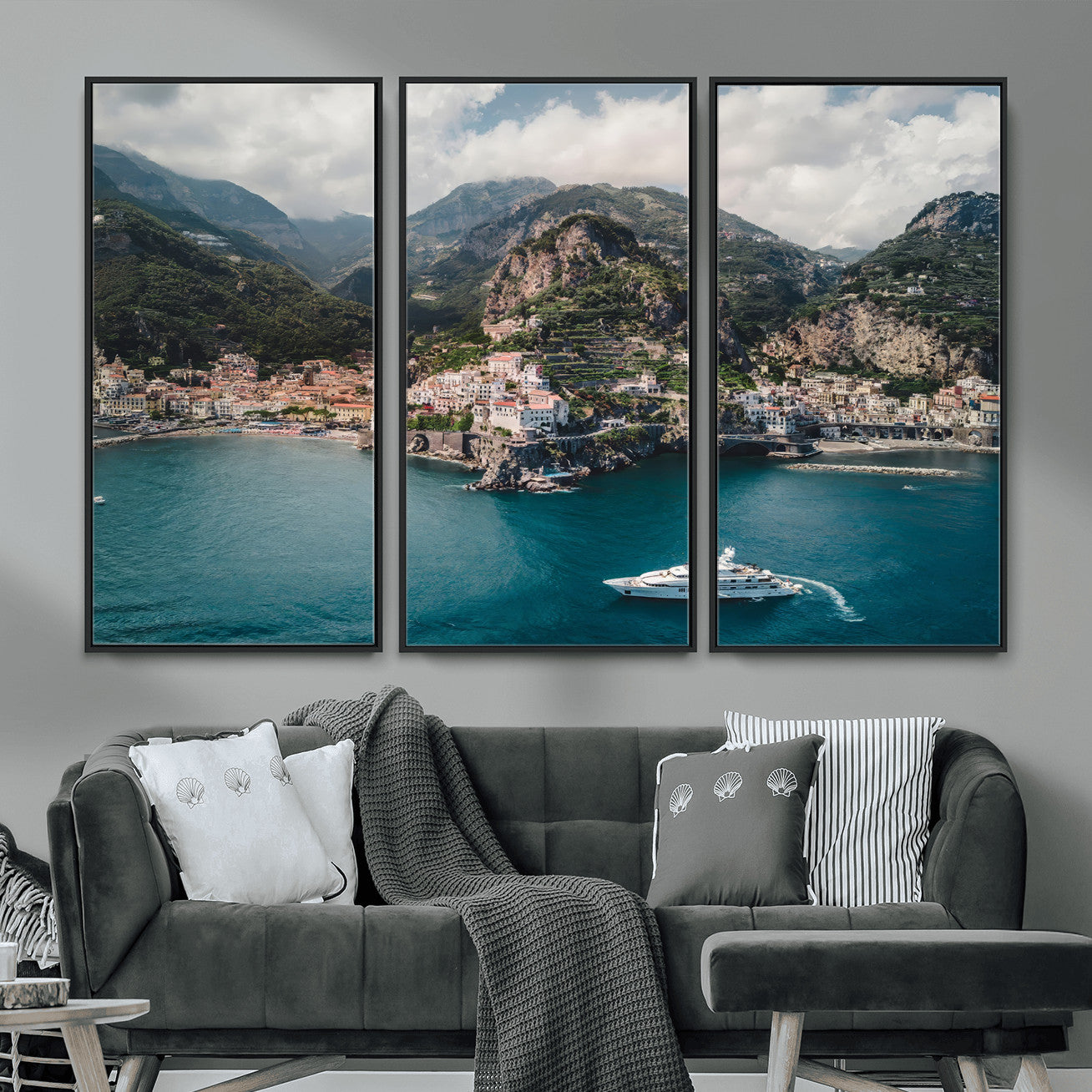 20321590-MGV-CV-36X24-Amalfi Coast Wall Art – Framed Italian Seaside Canvas Artwork, Mediterranean Landscape Design, Coastal Decor for Home, Office