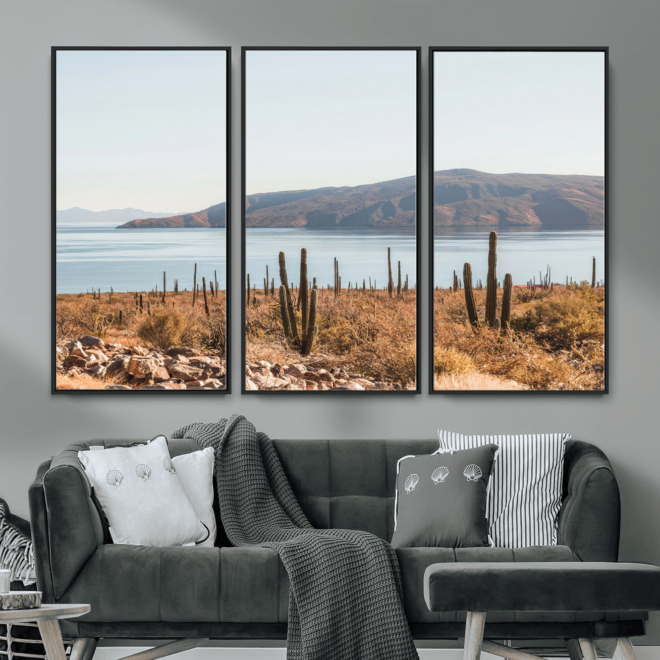 MGV-FC-48X32-3P - Desert Cactus Wall Art Canvas Print, Framed Baja Coastline Art Picture Print, Coastal Desert Perfect Southwestern Minimalist Decor Artwork