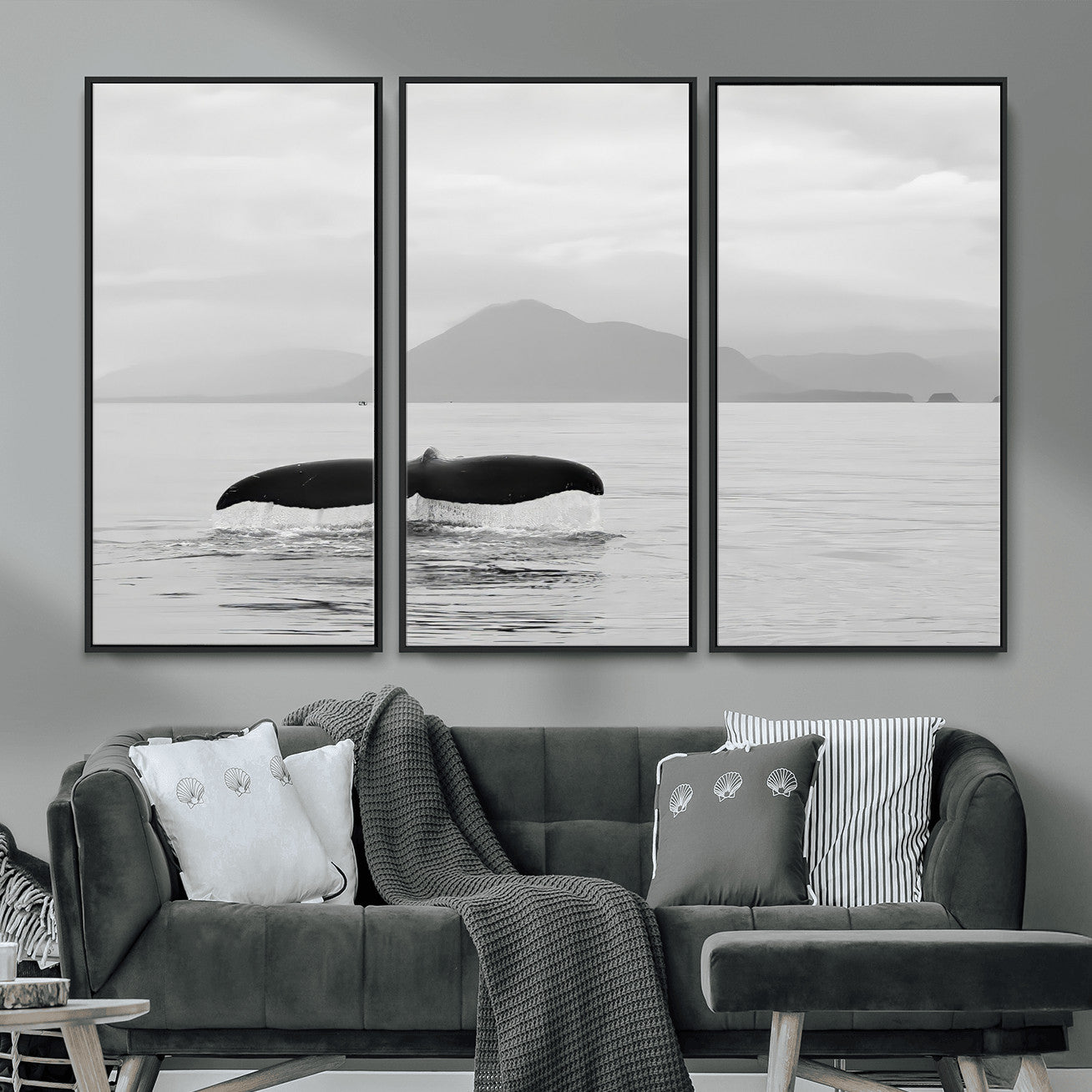 MGV-FC-48X32-3P - Whale Tail Wall Art Canvas Print, Framed Black White Ocean Art Picture Print, Calm Marine Perfect Minimalist Coastal Decor Artwork
