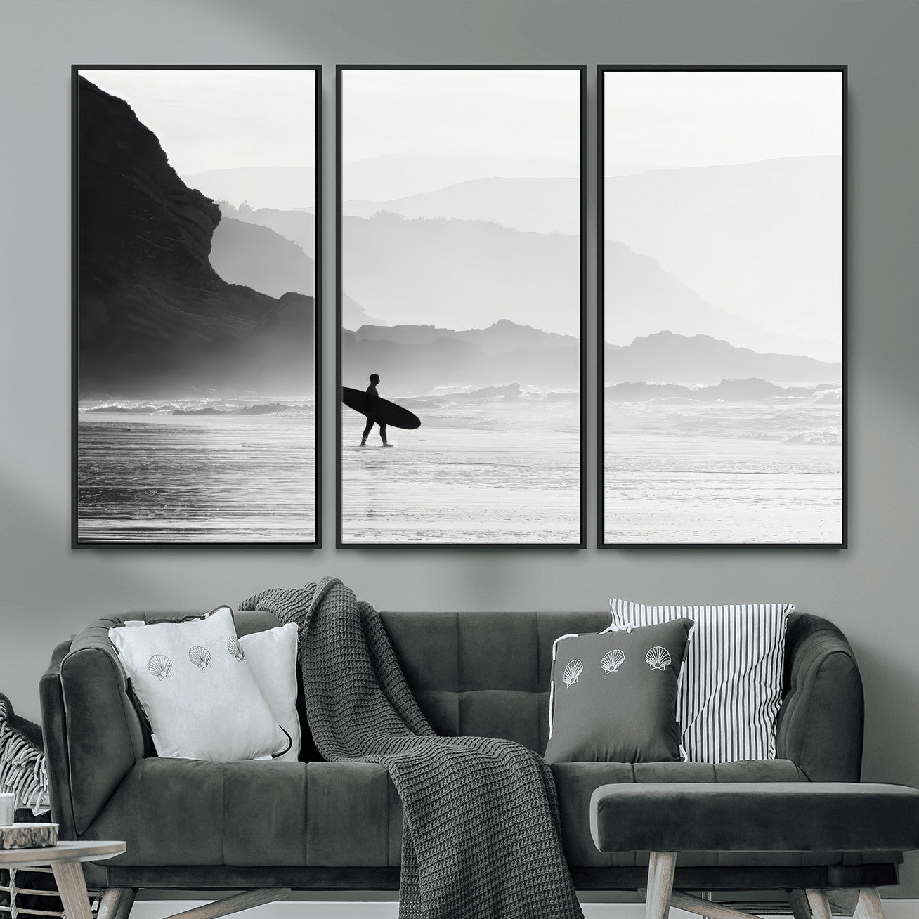 MGV-FC-48X32-3P - Surfer In Fog Wall Art Canvas Print, Framed Moody Shoreline Art Picture Print, Cliffside Waves Perfect Minimalist Coastal Decor Artwork