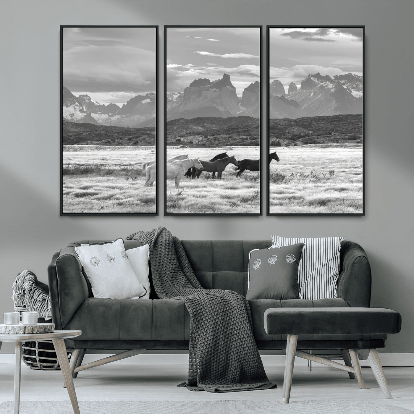 MGV-FC-48X32-3P - Wild Horses Wall Art Canvas Print, Framed Black White Mountains Art Picture Print, Rustic Countryside Perfect Rustic Western Decor Artwork