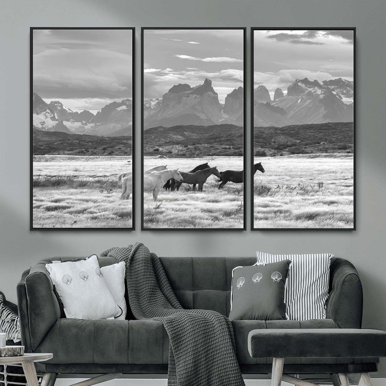 MGV-FC-48X32-3P - Wild Horses Wall Art Canvas Print, Framed Black White Mountains Art Picture Print, Rustic Countryside Perfect Rustic Western Decor Artwork