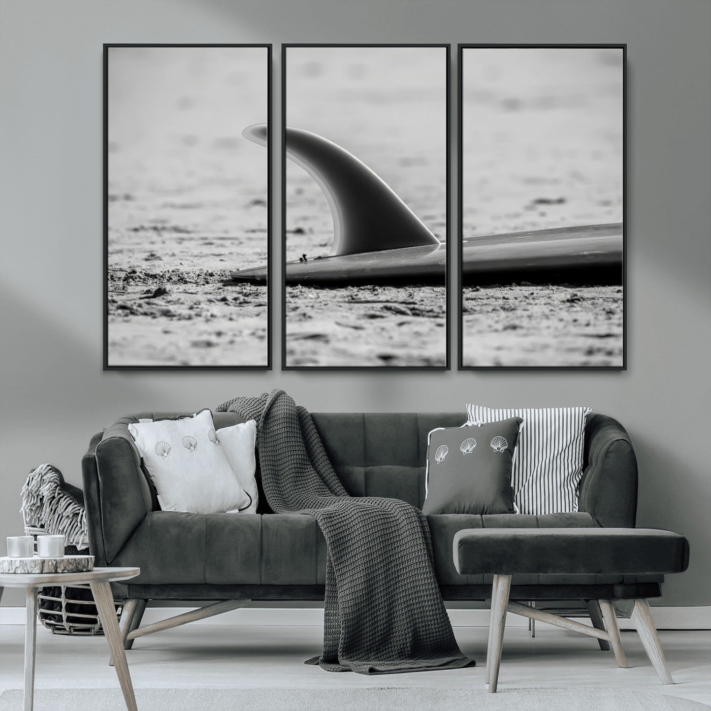 MGV-FC-48X32-3P - Black White Surfboard Wall Art Canvas Print, Framed Minimalist Beach Art Picture Print, Surf Fin Perfect Minimalist Coastal Decor Artwork