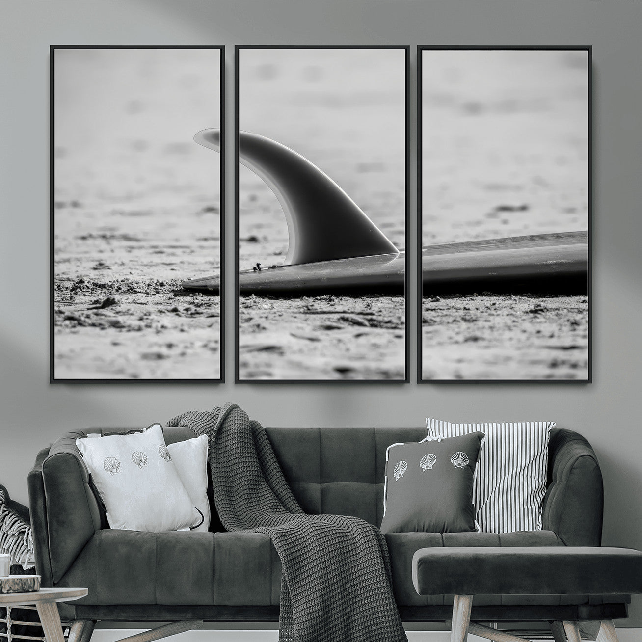 MGV-FC-48X32-3P - Black White Surfboard Wall Art Canvas Print, Framed Minimalist Beach Art Picture Print, Surf Fin Perfect Minimalist Coastal Decor Artwork