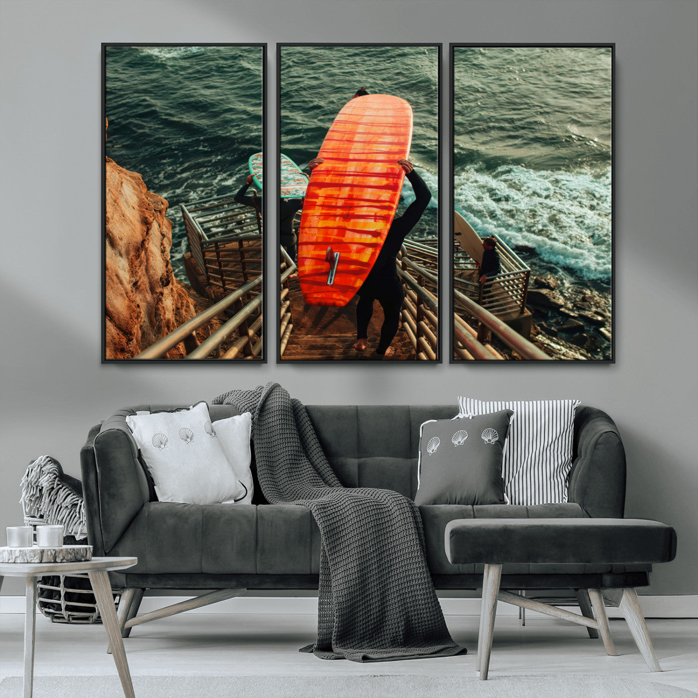 MGV-FC-48X32-3P - Surfer Stairway Wall Art Canvas Print, Framed Ocean Surf Art Picture Print, Sunset Coastal Perfect Coastal Adventure Decor Artwork