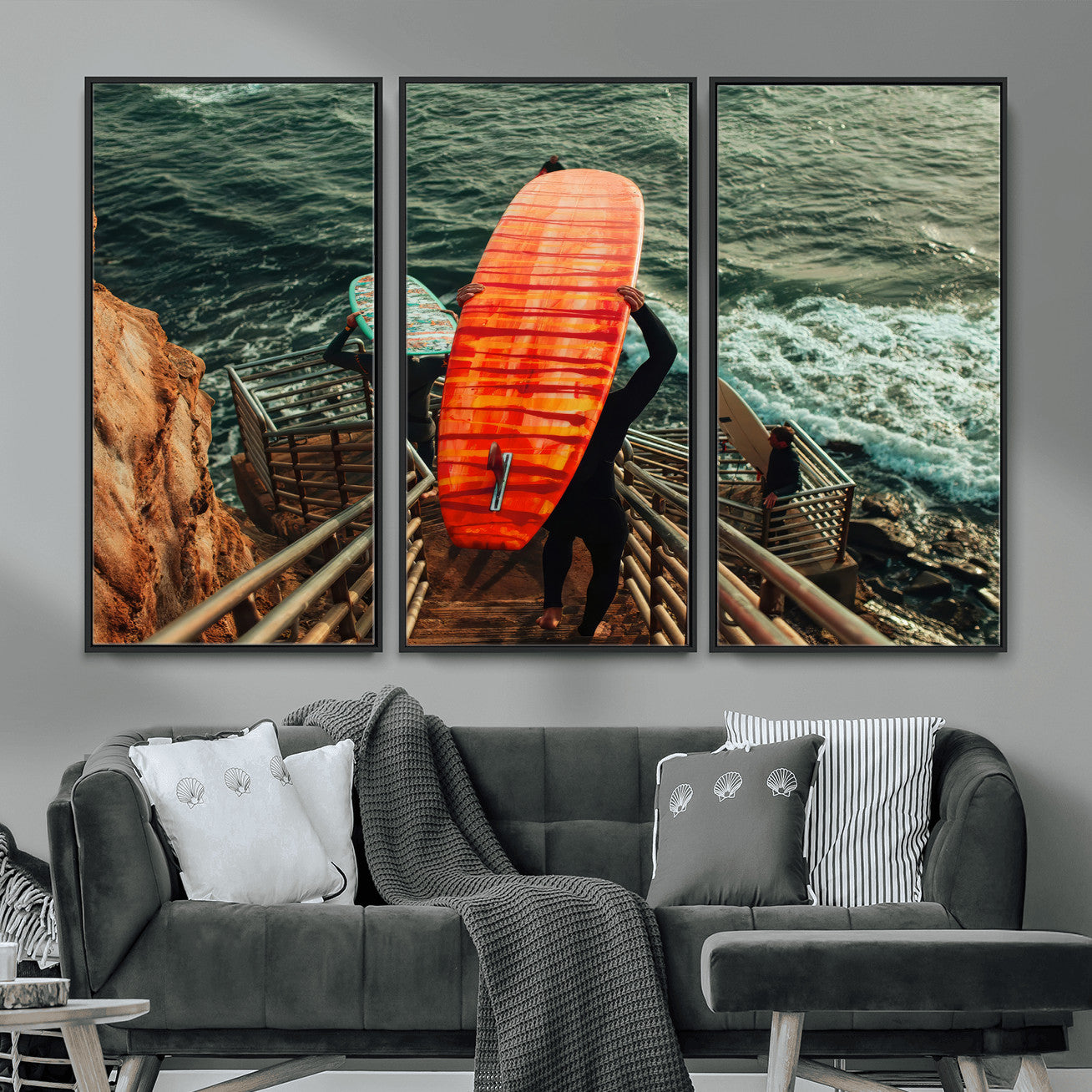 MGV-FC-48X32-3P - Surfer Stairway Wall Art Canvas Print, Framed Ocean Surf Art Picture Print, Sunset Coastal Perfect Coastal Adventure Decor Artwork