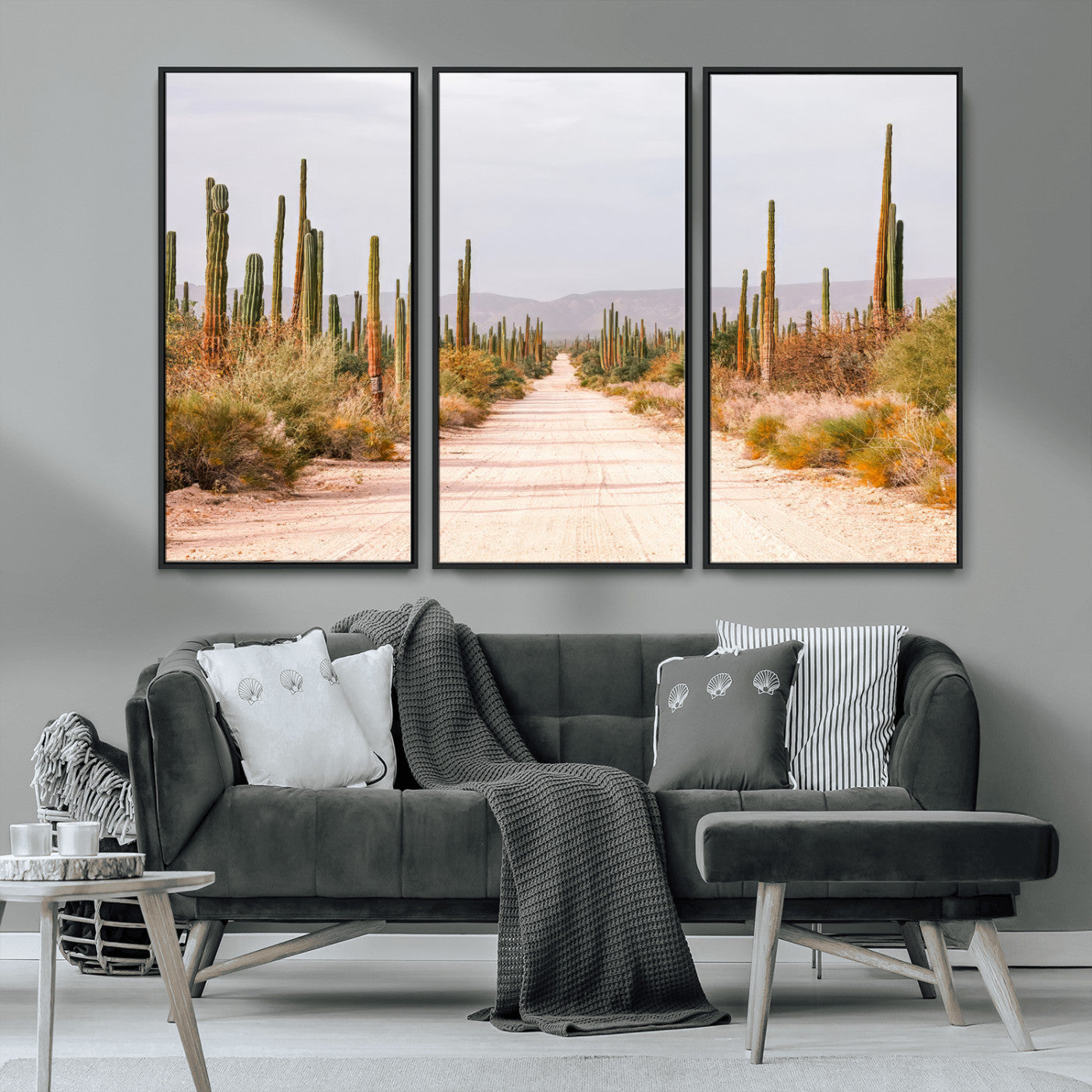 MGV-FC-48X32-3P - Desert Cactus Lined Road Wall Art Canvas Print, Framed Southwestern Landscape Art Picture Print, Bohemian Western Aesthetic Perfect Southwestern Boho Decor Artwork