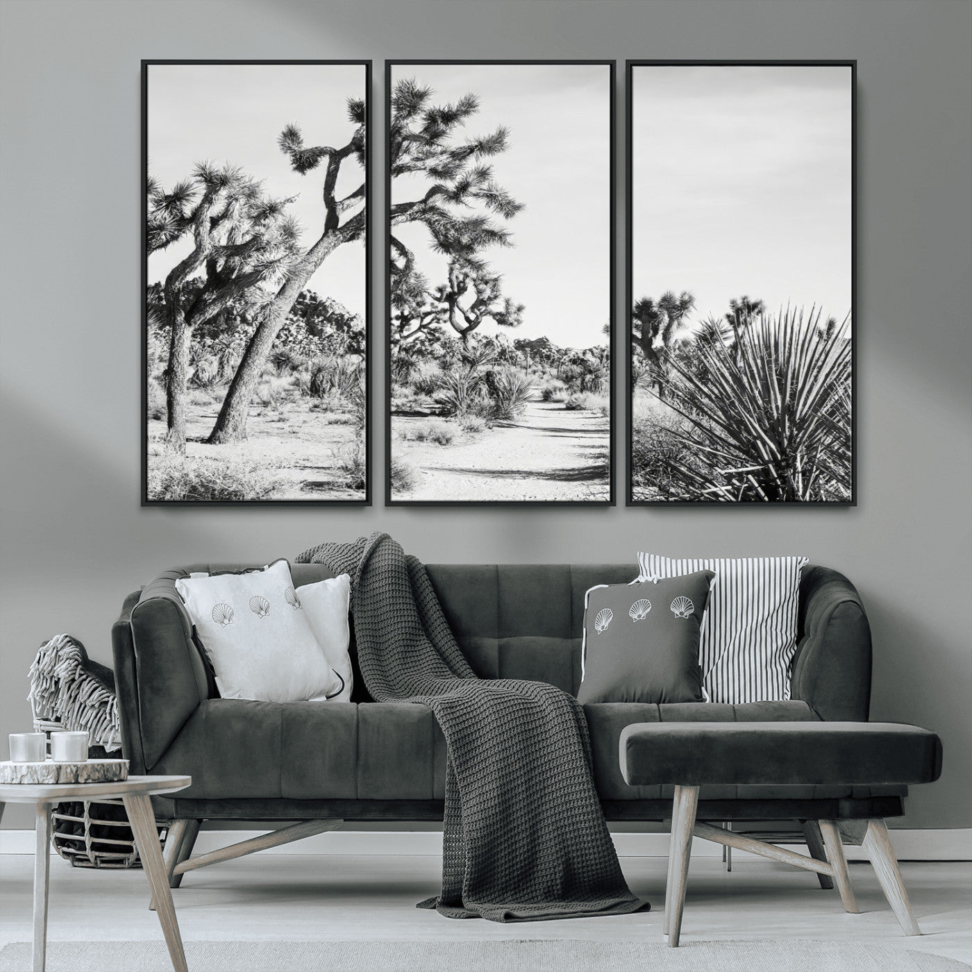 MGV-FC-48X32-3P - Joshua Tree Wall Art Canvas Print, Framed Desert Path Art Picture Print, Monochrome Desert Perfect Minimalist Desert Decor Artwork