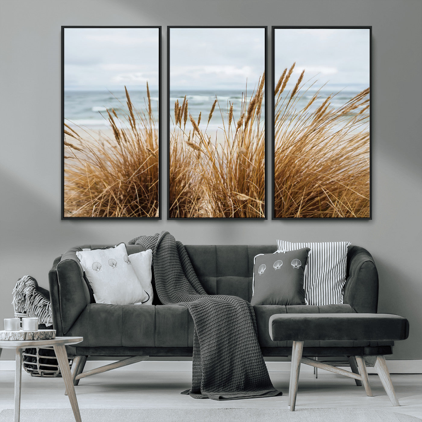 MGV-FC-48X32-3P - Beach Grass Wall Art Canvas Print, Framed Coastal Dunes Art Picture Print, Dune Grass Perfect Coastal Minimalist Decor Artwork