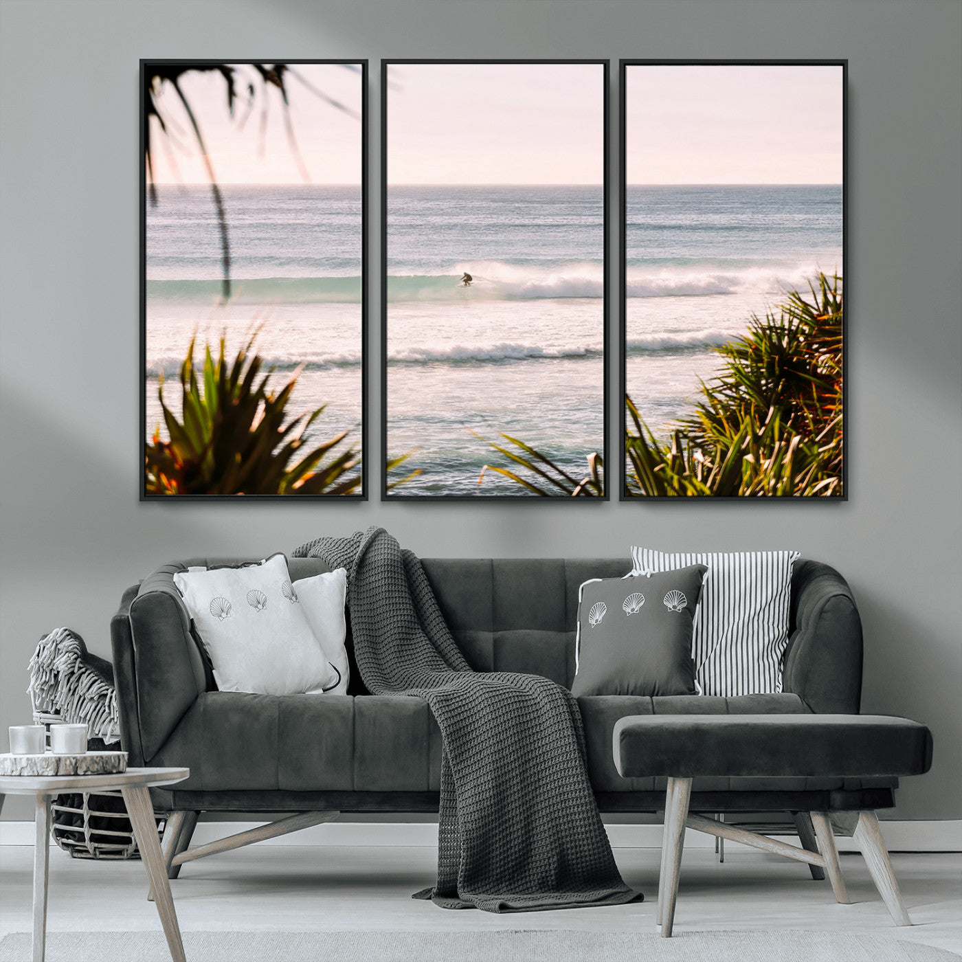 MGV-FC-48X32-3P - Ocean Surfer Wall Art Canvas Print, Framed Coastal Surf Art Picture Print, Tropical Beach Perfect Tropical Coastal Decor Artwork