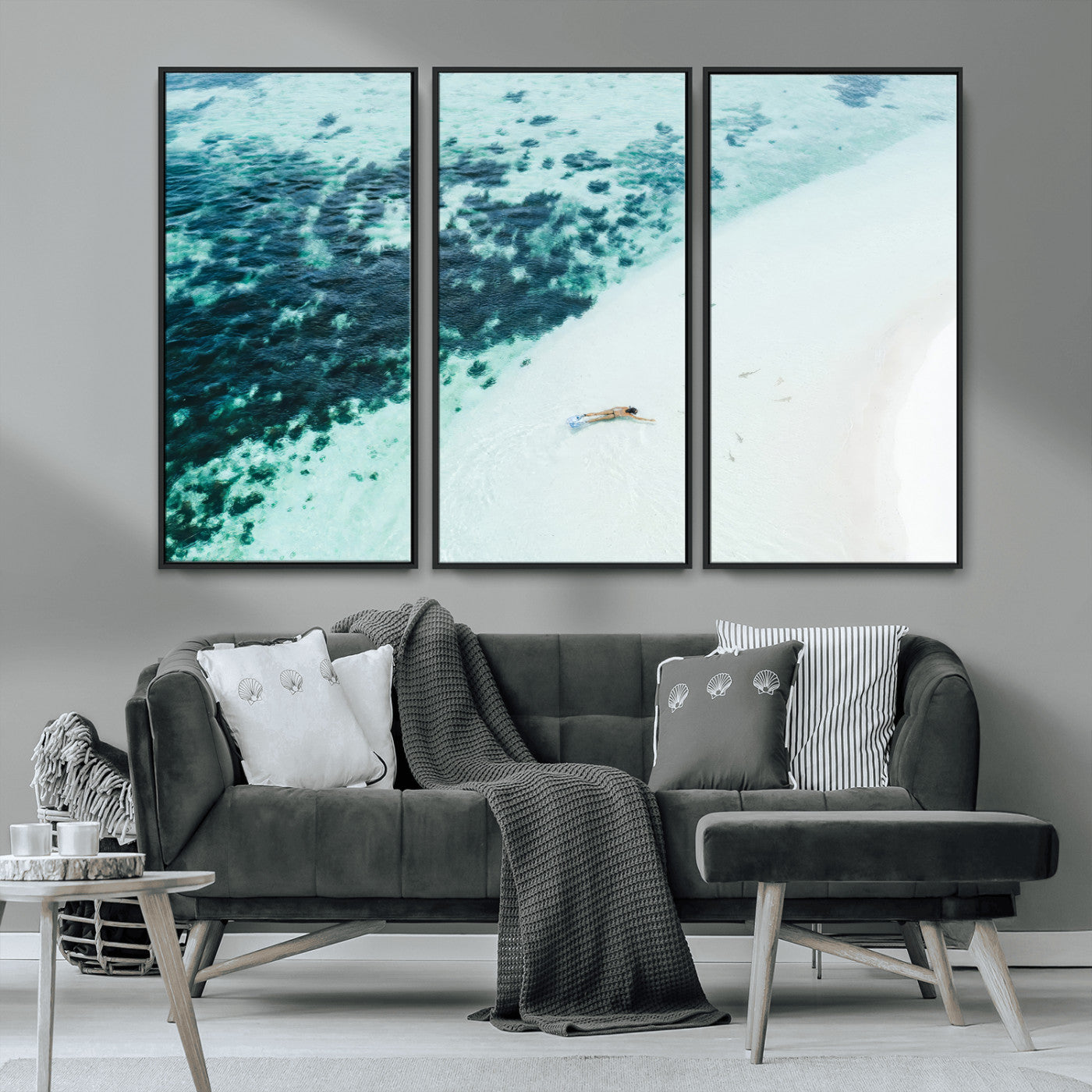 MGV-FC-48X32-3P - Minimal Beach Wall Art Canvas Print, Framed Ocean Swimming Art Picture Print, Clear Ocean Perfect Minimal Coastal Decor Artwork