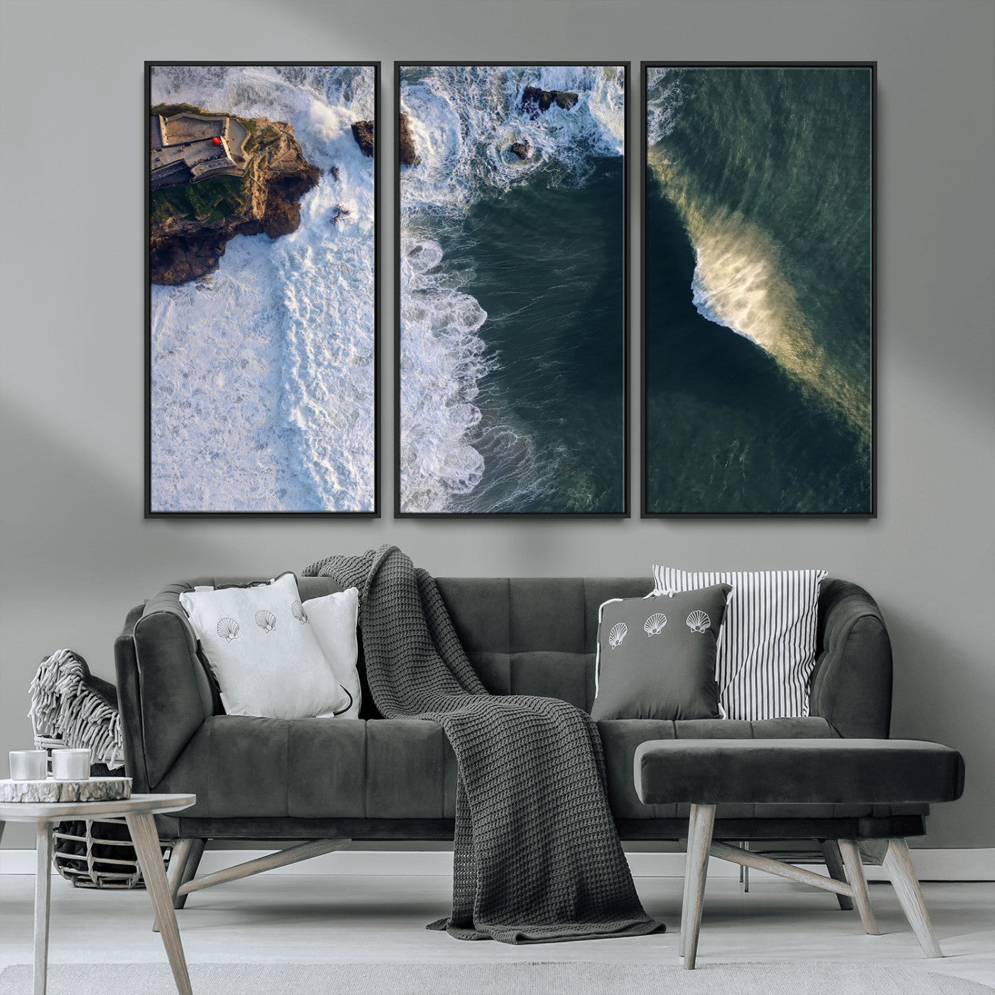 MGV-FC-48X32-3P - Nazaré Coast Wall Art Canvas Print, Framed Aerial Ocean Art Picture Print, Coastal Fortress Perfect Dramatic Coastal Decor Artwork