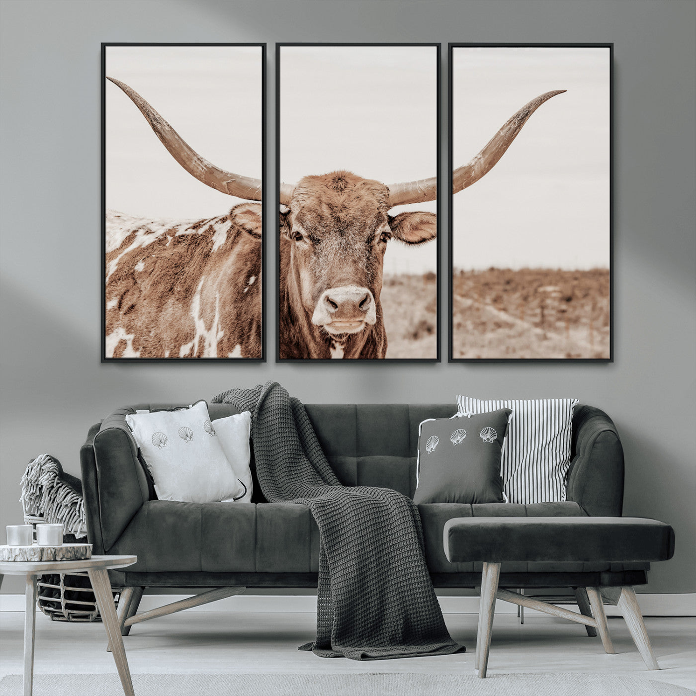 MGV-FC-48X32-3P - Longhorn Cow Wall Art Canvas Print, Framed Texas Ranch Art Picture Print, Western Bull Perfect County Decor Artwork