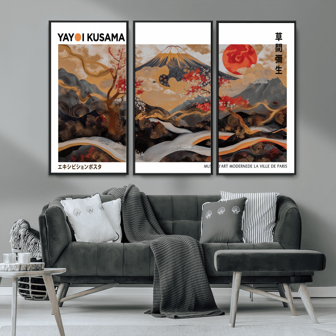 MGV-FC-48X32-3P - Modern Japanese Wall Art Print Yayoi Kusama Canvas Wall Art Abstract Mount Fuji Canvas Print