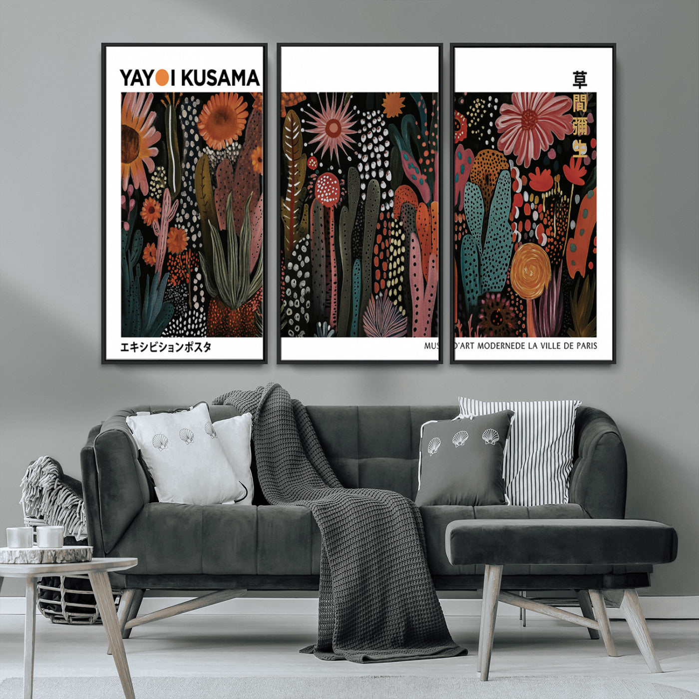 MGV-FC-48X32-3P - Modern Japanese Wall Art Print, Framed Yayoi Kusama Artwork, Abstract Mount Fuji Canvas Print,