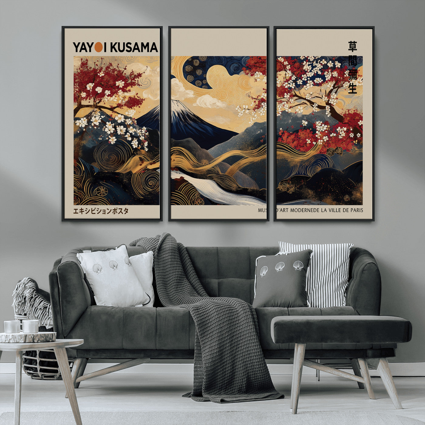 MGV-FC-48X32-3P - Modern Japanese Wall Art, Yayoi Kusama Japanese Print Wall Art, Abstract Mount Fuji Canvas Print,
