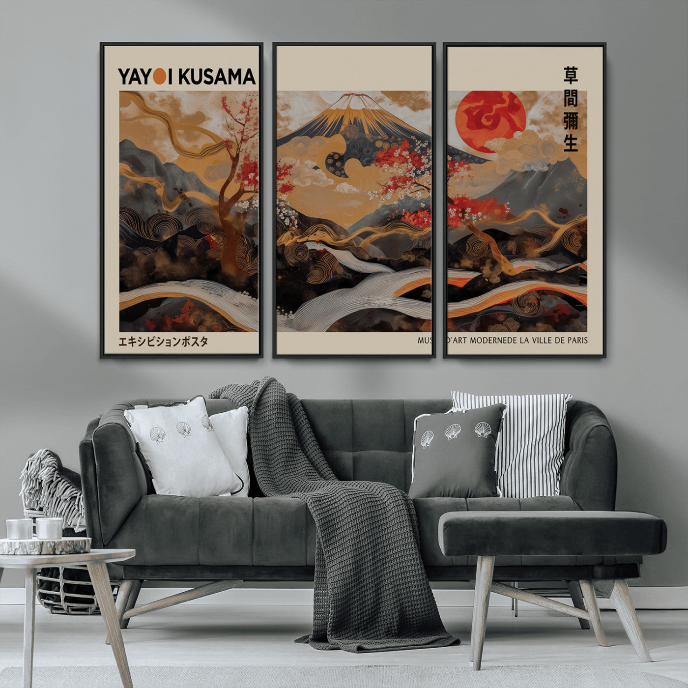 MGV-FC-48X32-3P - Modern Japanese Wall Art Print Yayoi Kusama Canvas Wall Art Abstract Mount Fuji Canvas Print
