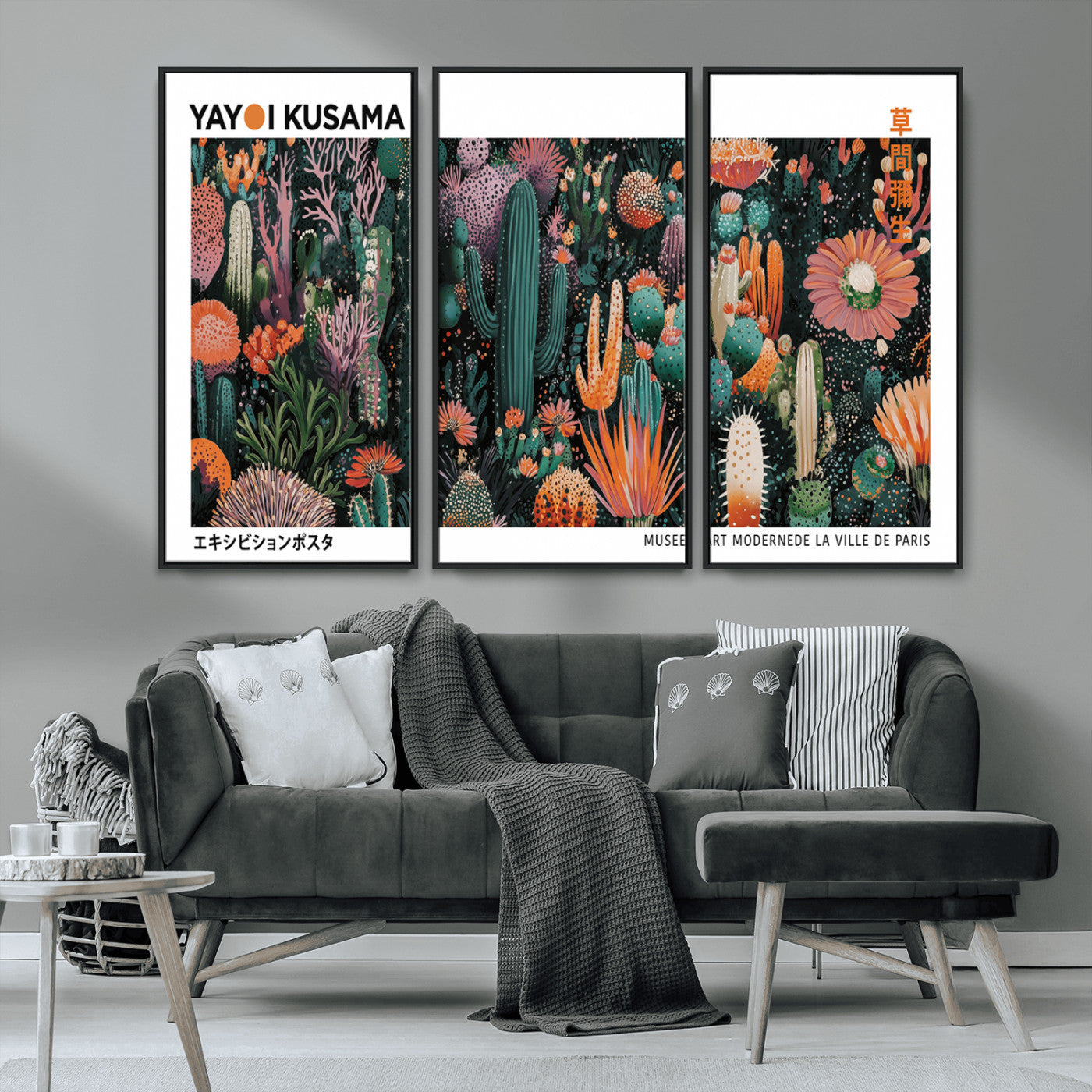 MGV-FC-48X32-3P - Modern Japanese Wall Art Print, Yayoi Kusama Print Wall Decor, Abstract Mount Fuji Canvas Print,