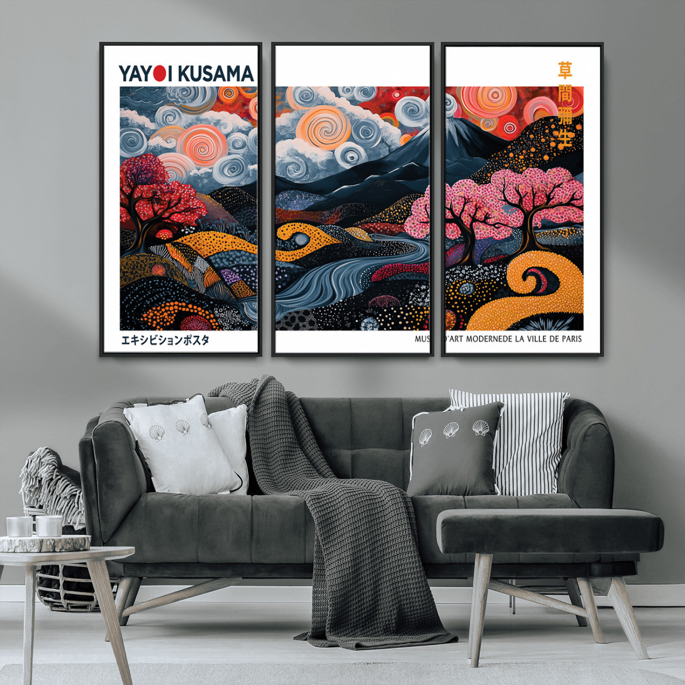 MGV-FC-48X32-3P - Modern Japanese Wall Art Print Yayoi Kusama Canvas Wall Art Abstract Mount Fuji Canvas Print