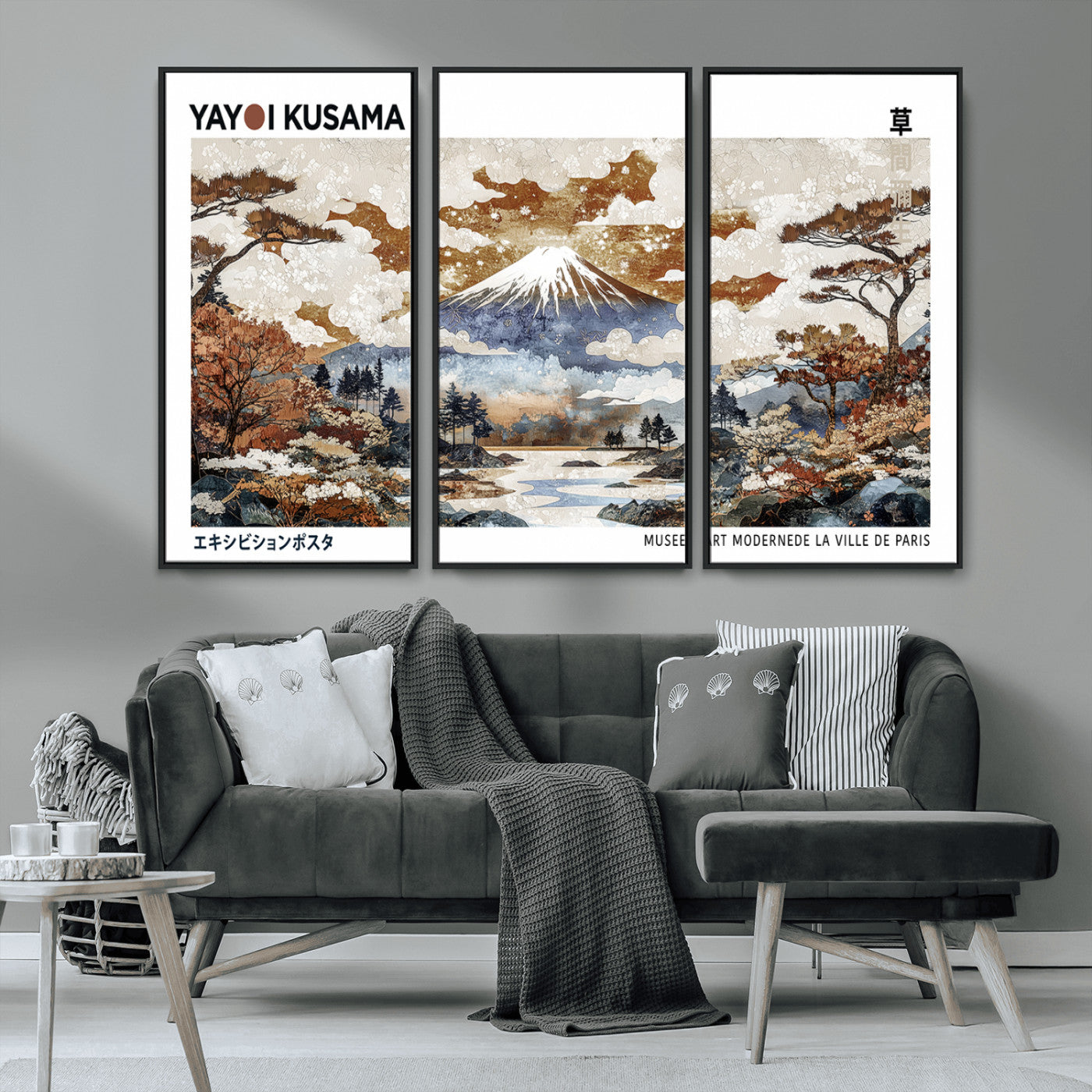 MGV-FC-48X32-3P - Modern Japanese Wall Art Print Yayoi Kusama Canvas Wall Art Abstract Mount Fuji Canvas Print