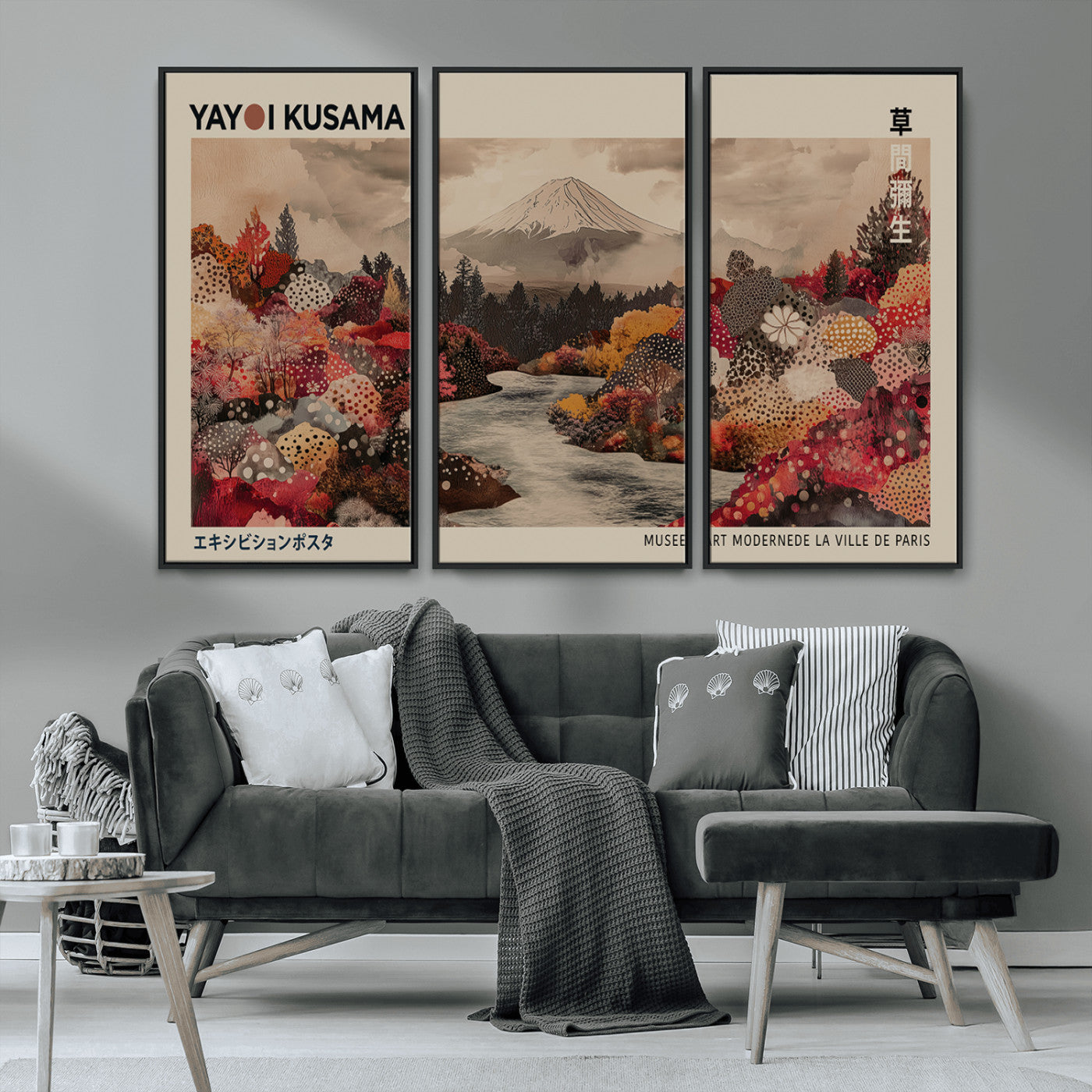 MGV-FC-48X32-3P - Modern Japanese Wall Art Print Yayoi Kusama Canvas Wall Art Abstract Mount Fuji Canvas Print