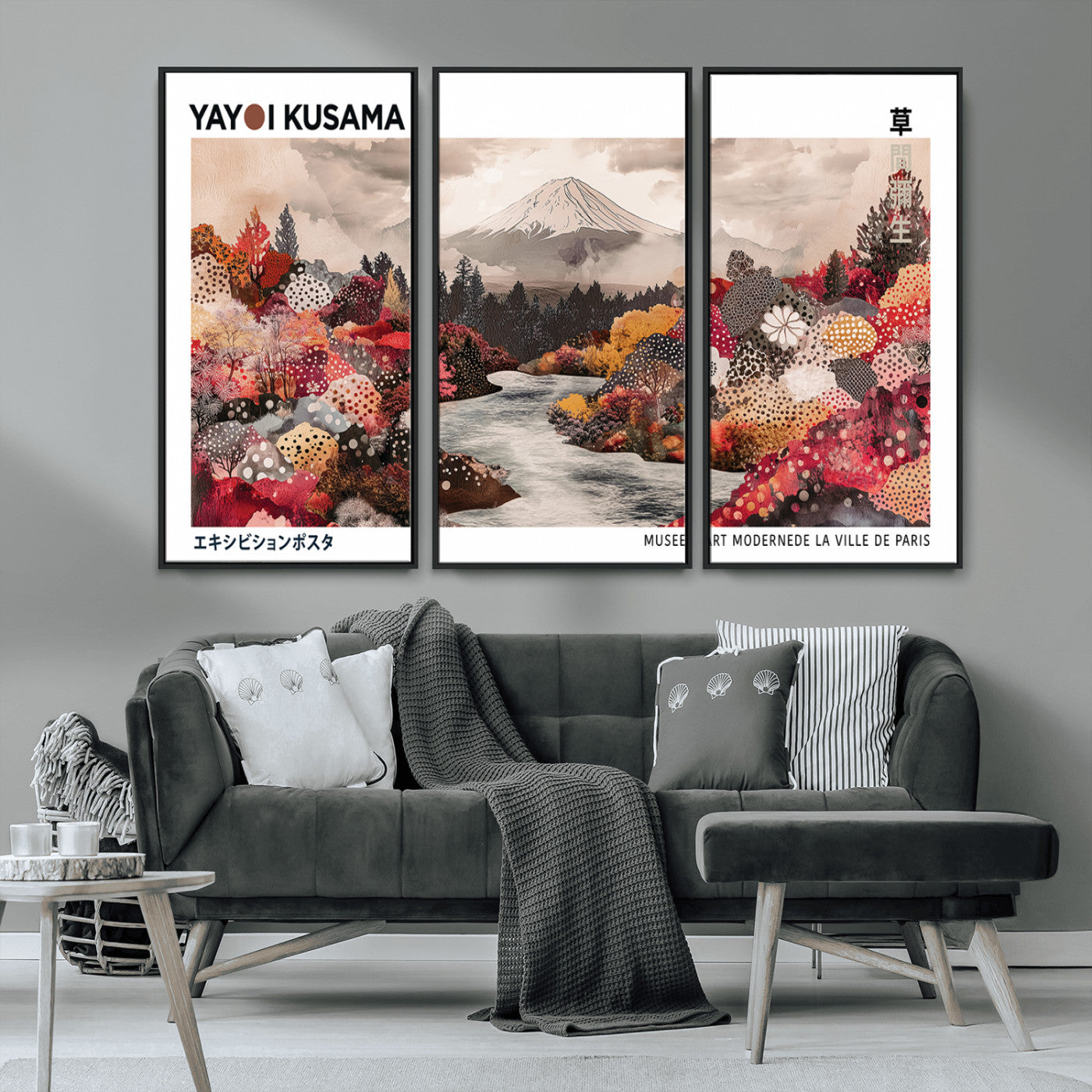 MGV-FC-48X32-3P - Modern Japanese Wall Art Print, Yayoi Kusama Canvas Wall Art, Abstract Mount Fuji Art Canvas Print,
