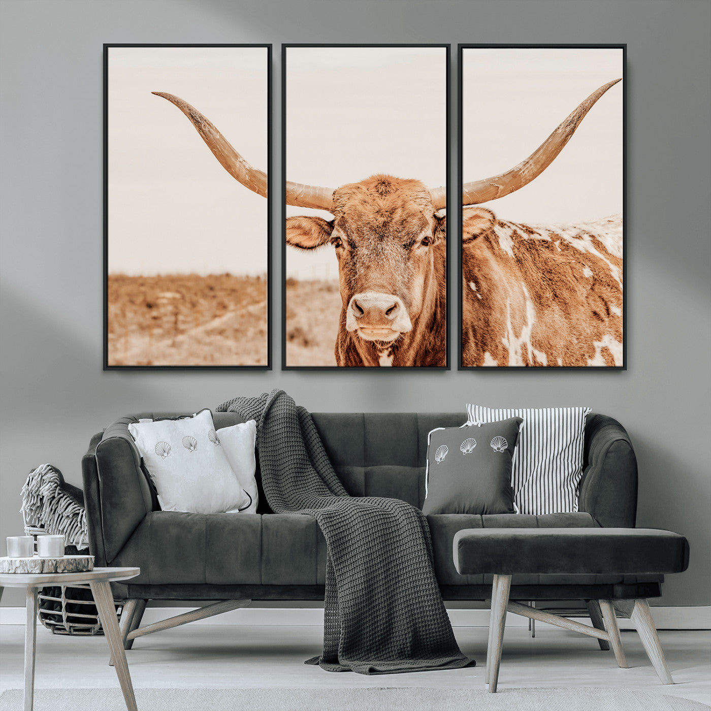 MGV-FC-48X32-3P - Longhorn Bull Wall Art Canvas Print, Framed Western Cow Art Picture Print, Rustic Farmhouse Perfect Neutral Farmhouse Decor Artwork