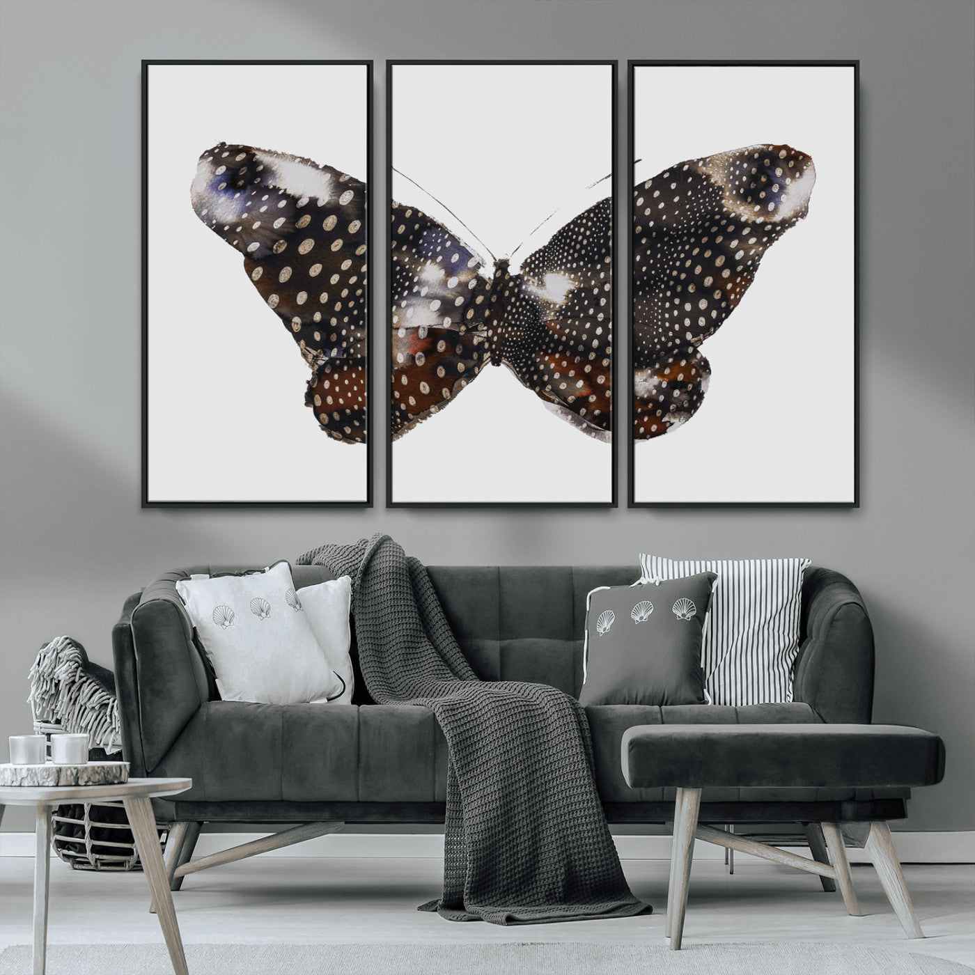 MGV-FC-48X32-3P - Spotted Butterfly Wall Art Canvas Print, Framed Neutral Insect Theme Art Picture Print, Earthy Wing Pattern Perfect Modern Rustic Decor Artwork