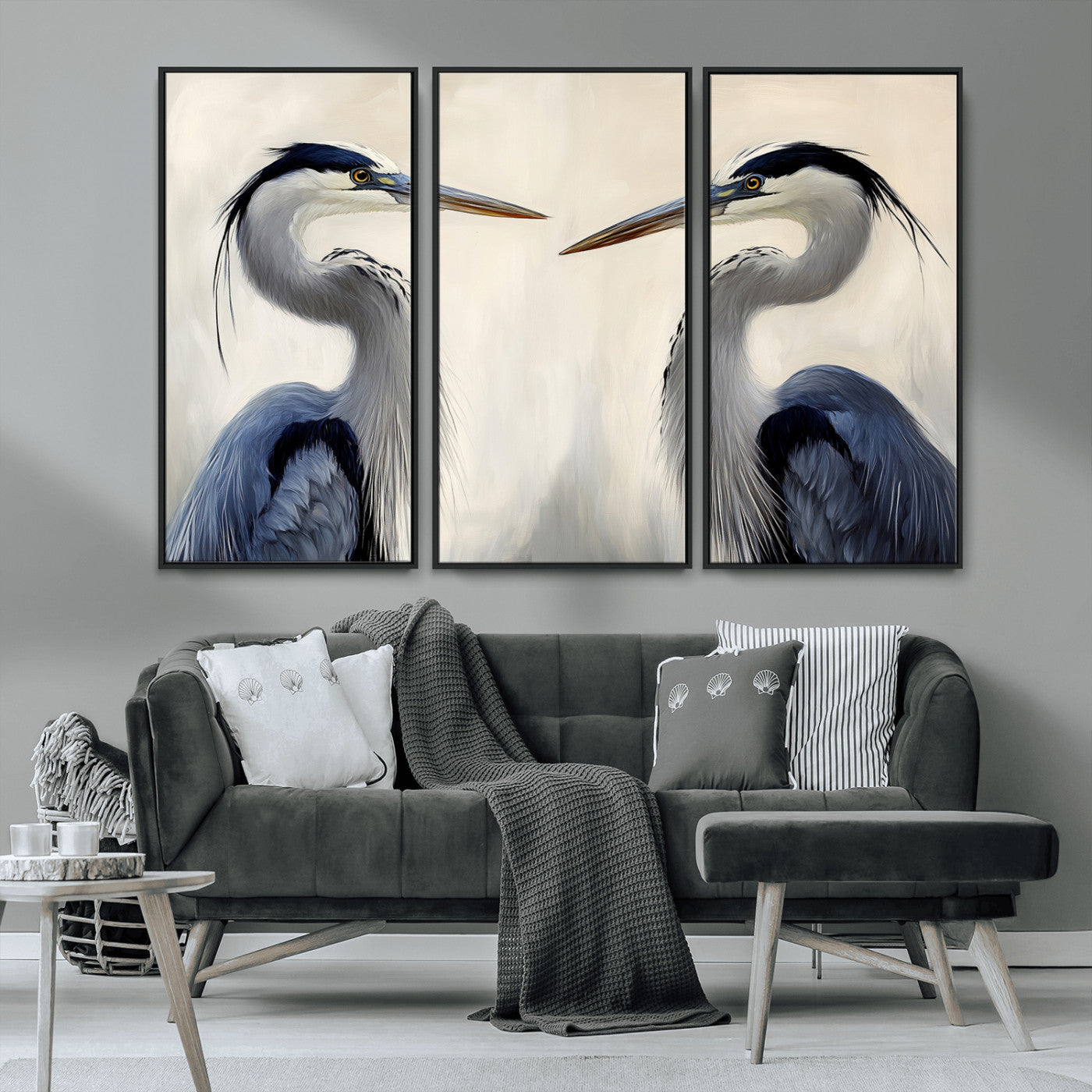 MGV-FC-48X32-3P - Blue Heron Pair Wall Art Canvas Print, Framed Coastal Bird Theme Art Picture Print, Tranquil Wildlife Scene Perfect Coastal Minimalist Decor Artwork