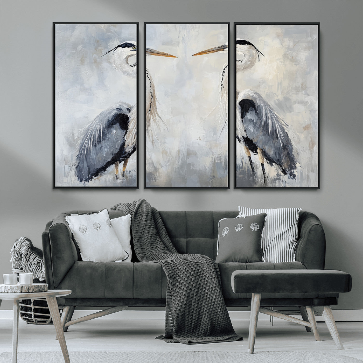 MGV-FC-48X32-3P - Heron Wall Art Wall Art Canvas Print, Framed Bird Canvas Decor Art Picture Print, Nature Inspired Perfect Coastal Minimalist Decor Artwork