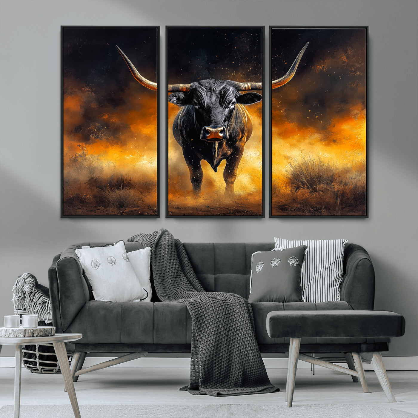 MGV-FC-48X32-3P - Longhorn Canvas Wall Art Canvas Print, Framed Bold Bull Wall Art Art Picture Print, Western Animal Decor Perfect Western Dramatic Decor Artwork