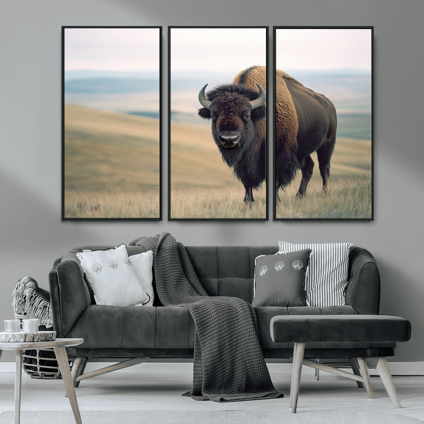 MGV-FC-48X32-3P - Bison Wall Art Wall Art Canvas Print, Framed Buffalo Canvas Print Art Picture Print, American Bison Decor Perfect Rustic Western Decor Artwork