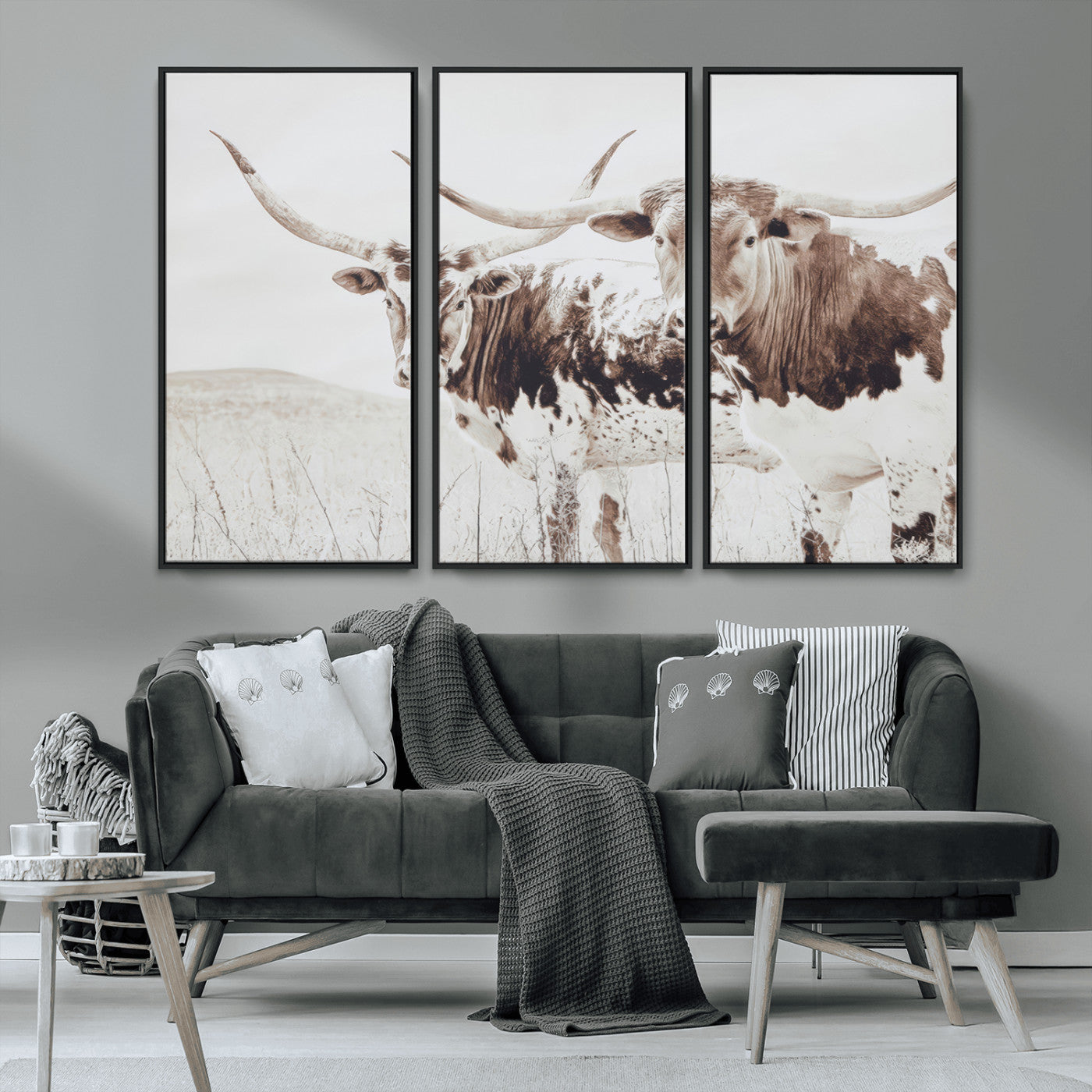 MGV-FC-48X32-3P - Longhorn Wall Art Wall Art Canvas Print, Framed Western Cow Canvas Art Picture Print, Rustic Farm Decor Perfect Rustic Farmhouse Decor Artwork