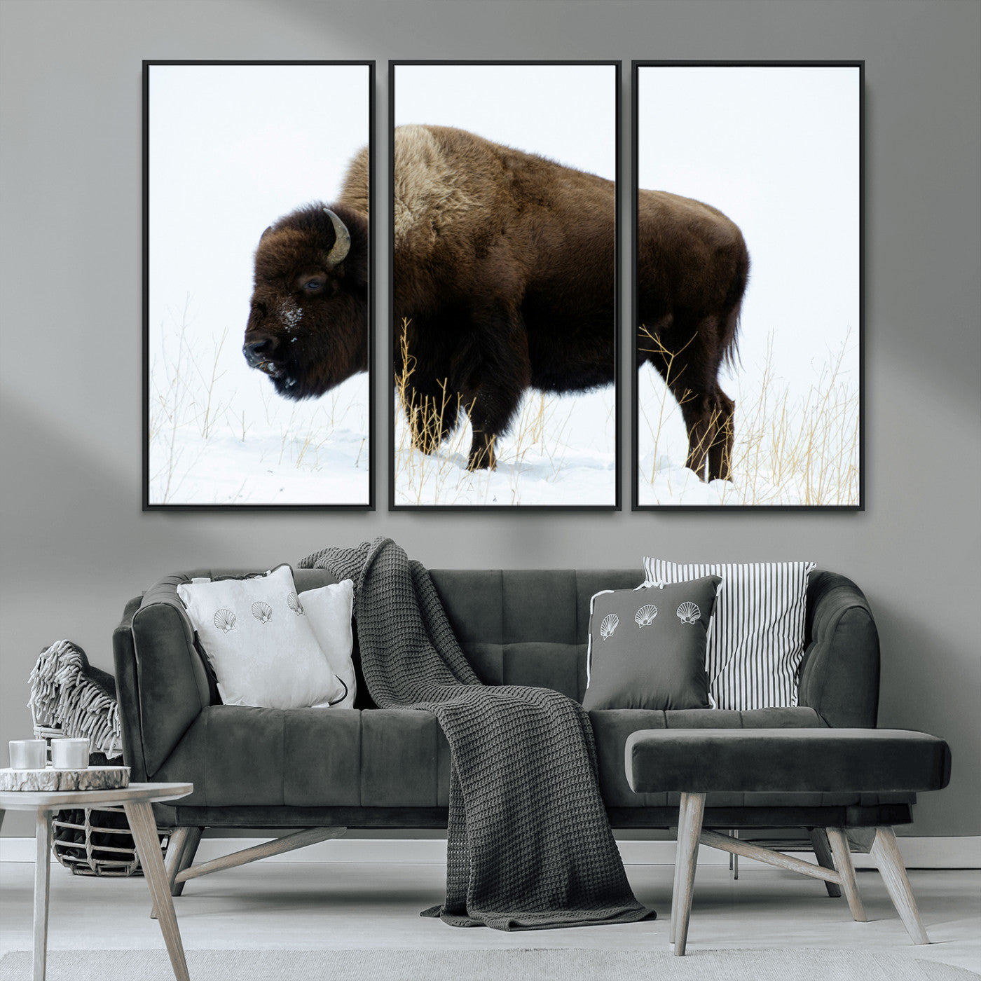 MGV-FC-48X32-3P - Bison Photography Wall Art Canvas Print, Framed Western Wildlife Art Picture Print, Buffalo On Snow Perfect Western Decor Artwork