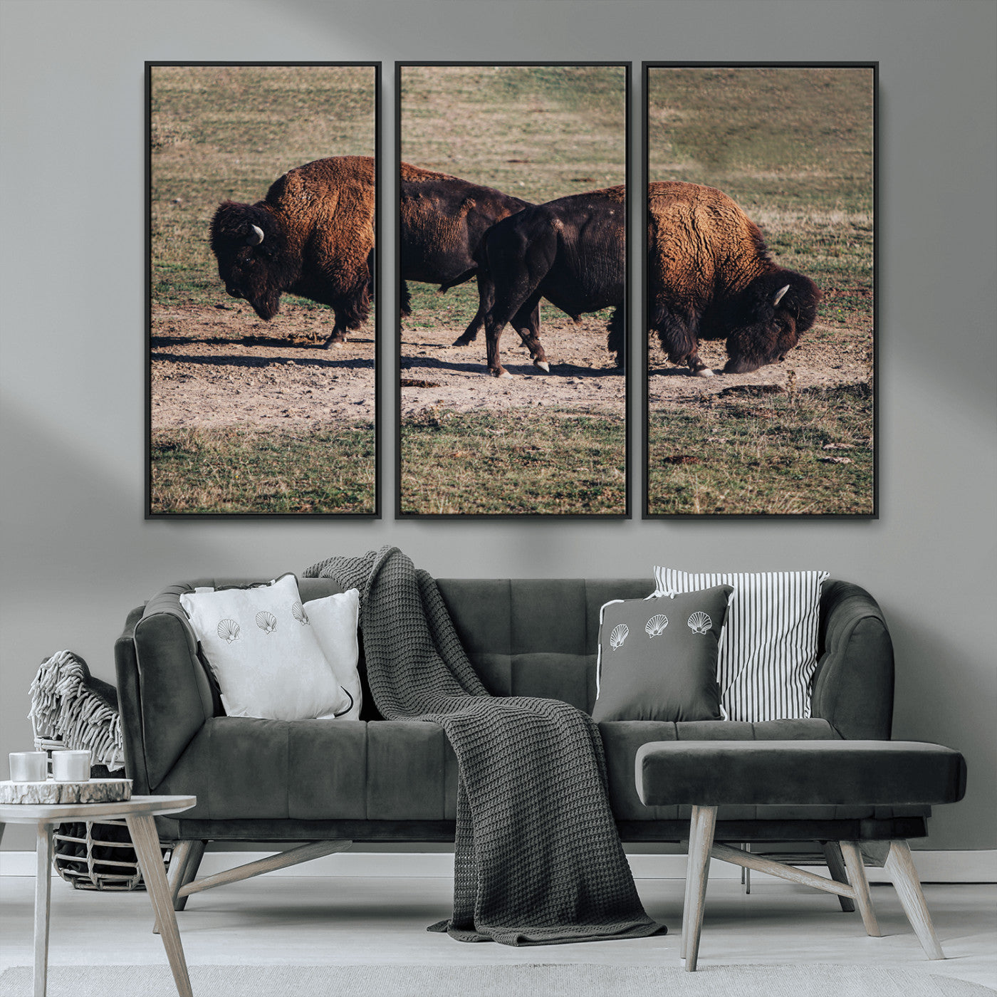 MGV-FC-48X32-3P - Bison Photography Wall Art Canvas Print, Framed Western Wildlife Art Picture Print, Modern Ranch Perfect Western Rustic Decor Artwork