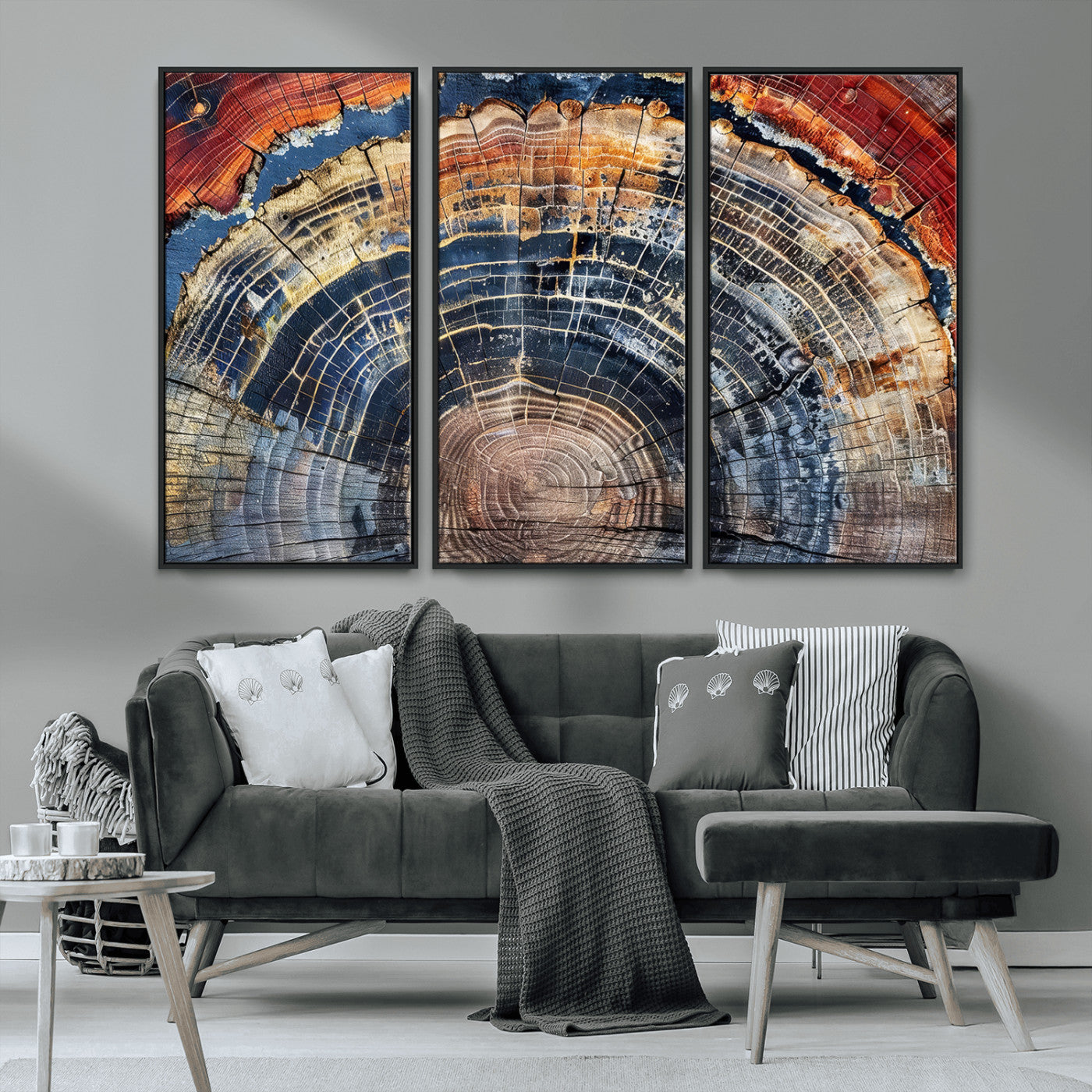 MGV-FC-48X32-3P - Tree Rings Wall Art Canvas Print, Framed Wood Texture Art Picture Print, Petrified Wood Perfect Modern Rustic Decor Artwork