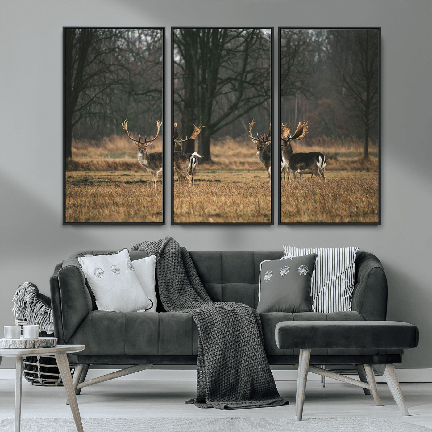 MGV-FC-48X32-3P - Deer Photography Wall Art Canvas Print, Framed Rustic Wildlife Art Picture Print, Stags In Forest Perfect Rustic Wilderness Decor Artwork
