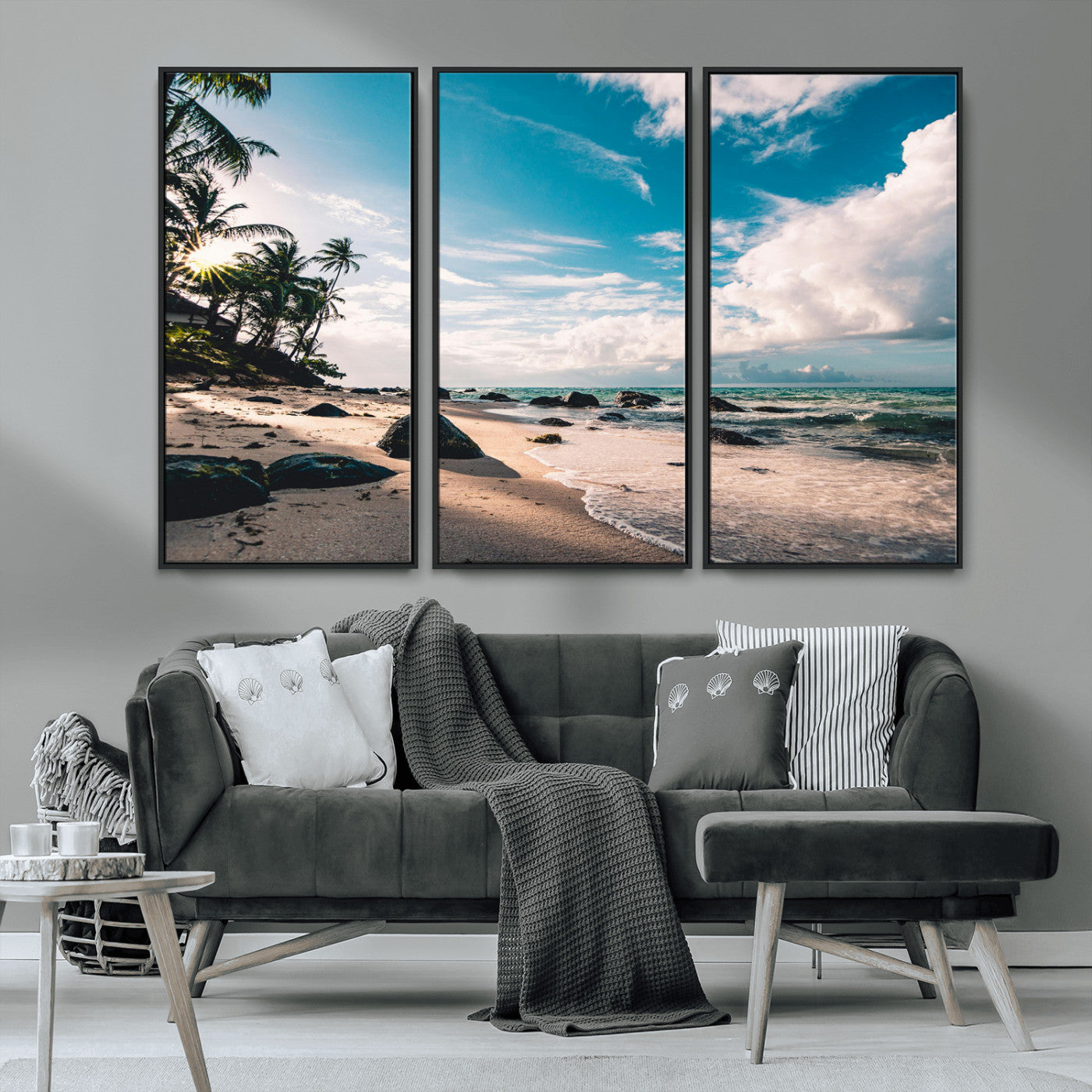 MGV-FC-48X32-3P - Tropical Beach Wall Art Canvas Print, Framed Ocean Waves Art Picture Print, Relazxing Seascape Perfect Tropical Coastal Decor Artwork