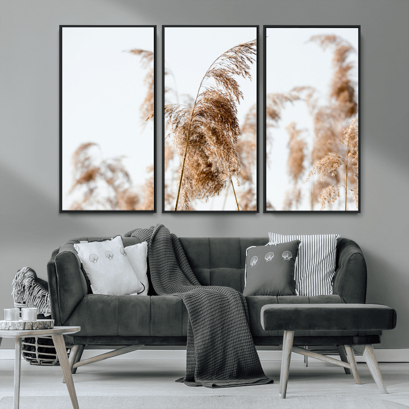 MGV-FC-48X32-3P - Pampas Grass Wall Art Canvas Print, Framed Neutral Tones Art Picture Print, Minimalist Nature Perfect Boho Decor Artwork