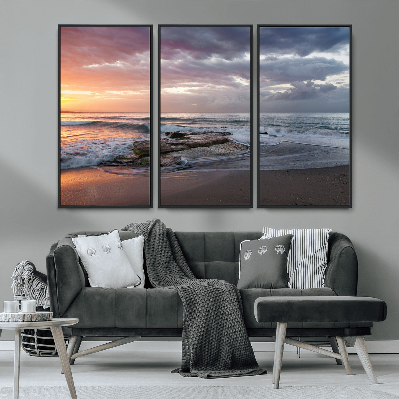 MGV-FC-48X32-3P - Golden Hour Wall Art Canvas Print, Framed Tranquil Waves Art Picture Print, Beach Perfect Coastal Serenity Decor Artwork