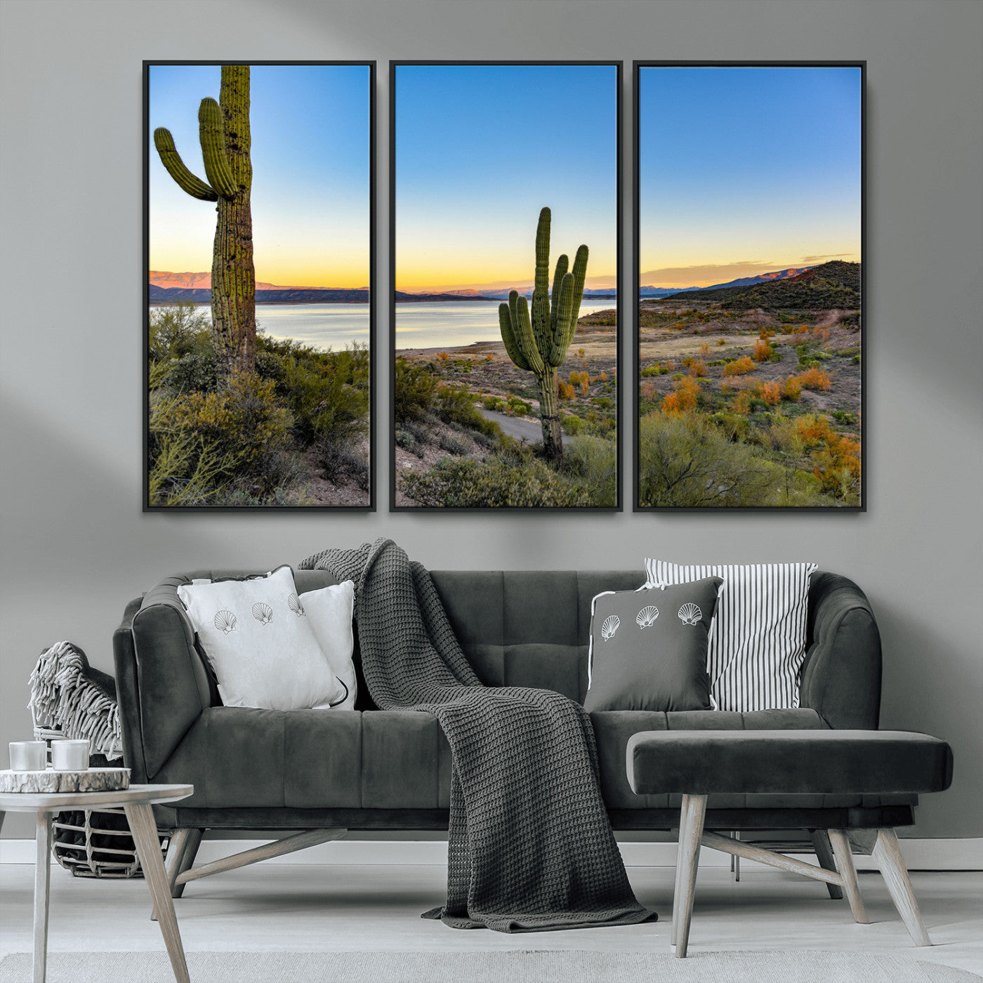 MGV-FC-48X32-3P - Saguaro Cactus Wall Art Canvas Print, Framed Desert Sunset Art Picture Print, Southwestern Perfect Southwestern Decor Artwork