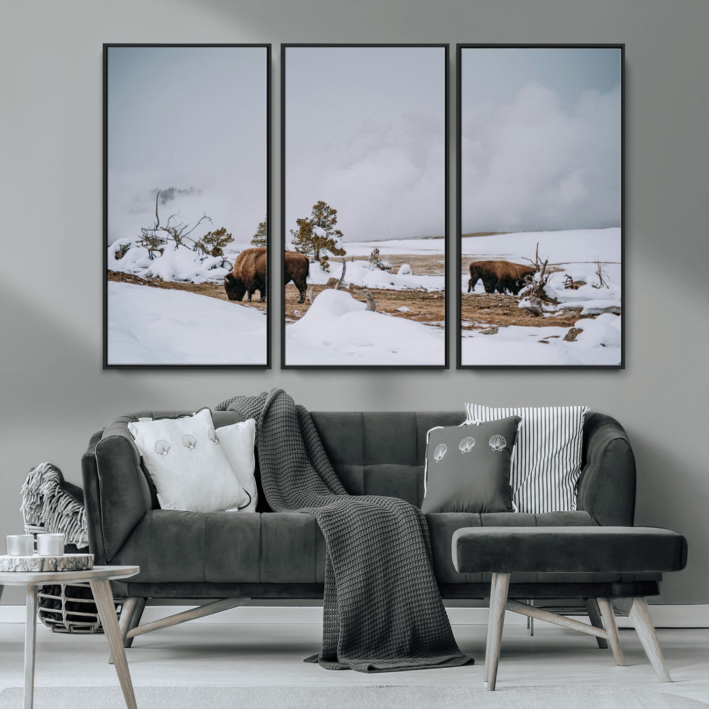MGV-FC-48X32-3P - Bison Wildlife Wall Art Canvas Print, Framed Snowy Prairie Art Picture Print, Western Perfect Rustic Decor Artwork