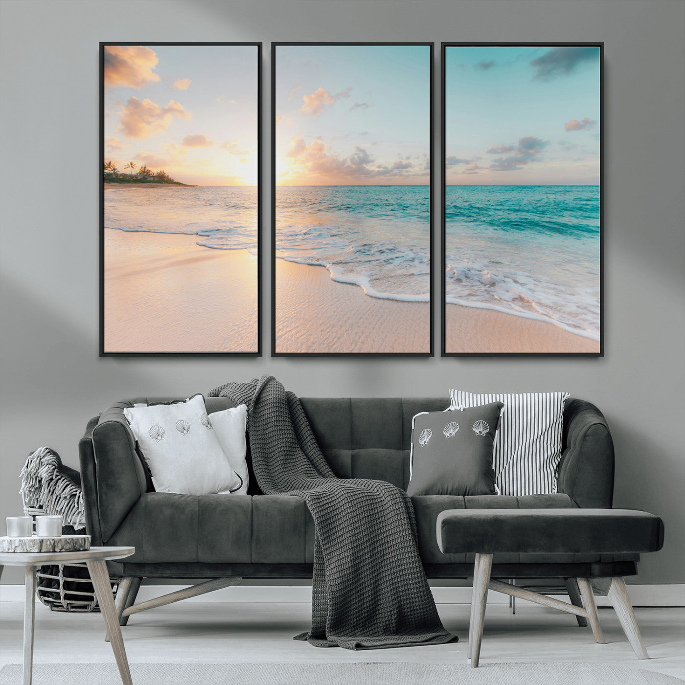 MGV-FC-48X32-3P - Beach Sunset Wall Art Canvas Print, Framed Ocean Waves Art Picture Print, Summer Escape Perfect Coastal Decor Artwork