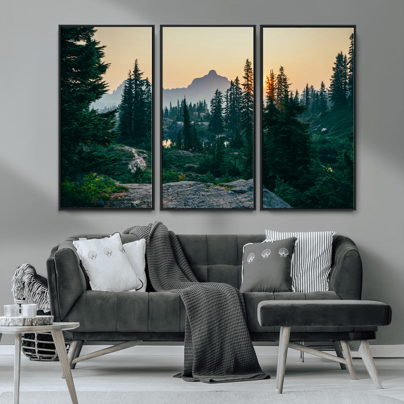 MGV-FC-48X32-3P - Mountain Wall Art Canvas Print, Framed Forest Serenity Art Picture Print, Mountain Perfect Rustic Decor Artwork